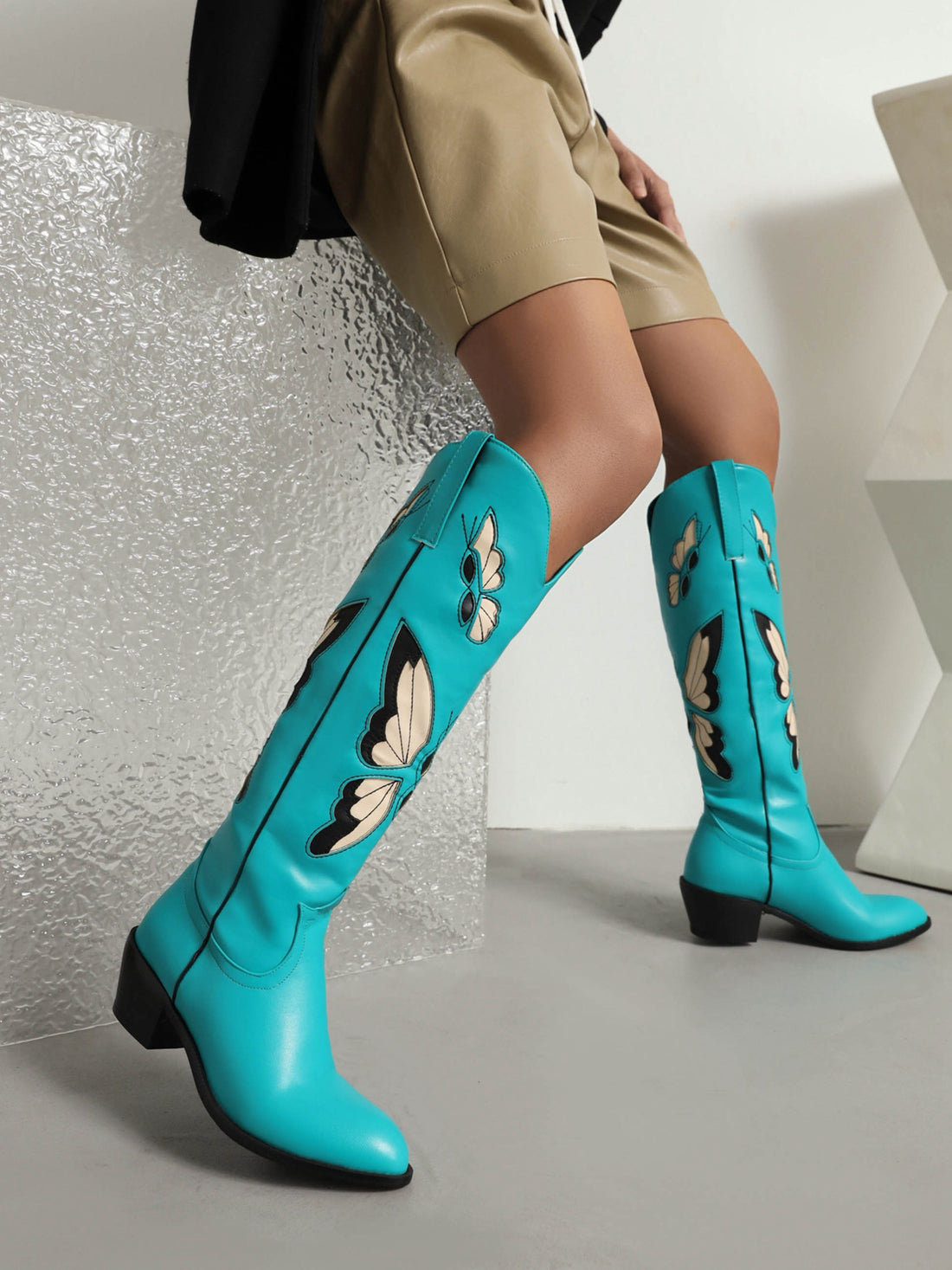 Butterfly Inlay Knee-High Turquoise Blue Cowgirl Boots
