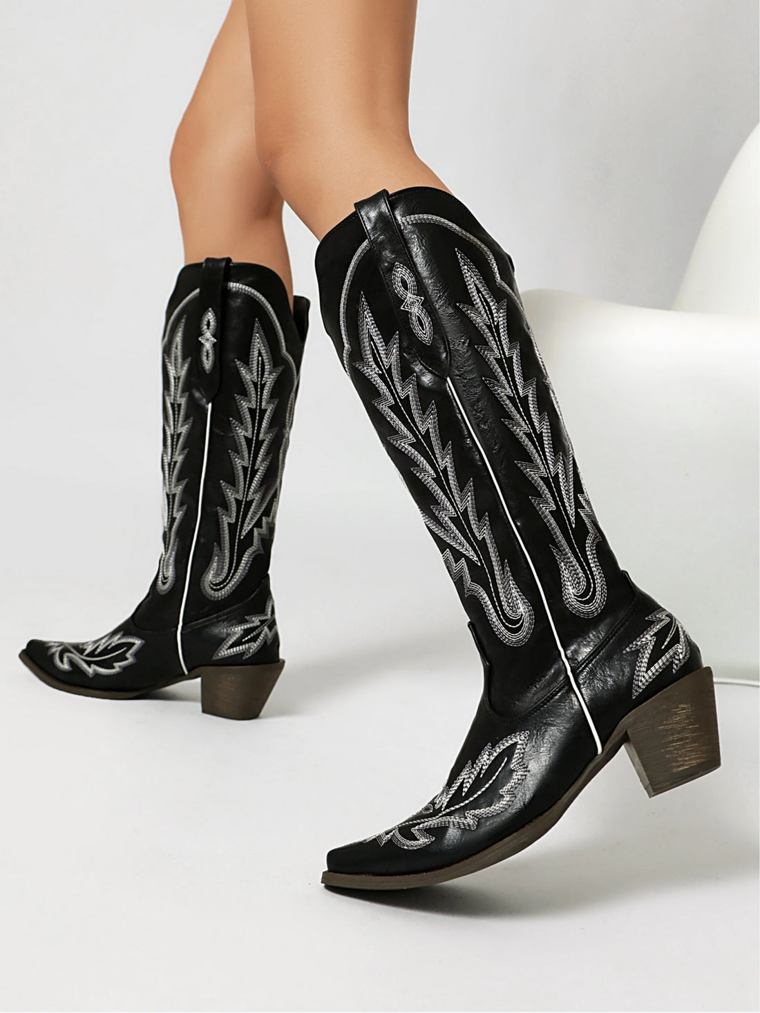 Captivating Knee-High Embroidered Black Cowgirl Boots