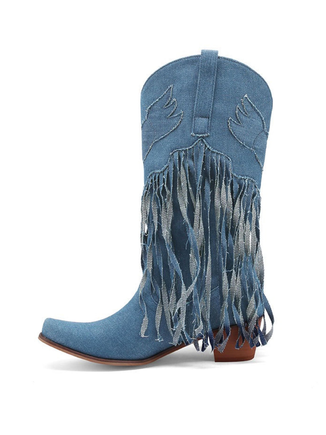 Denim Light Blue Embroidered Fringe Cowgirl Boots for Women