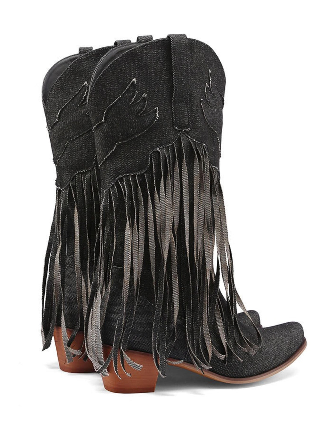 Denim Women's Mid Calf Black Cowboy Boots with Fringe