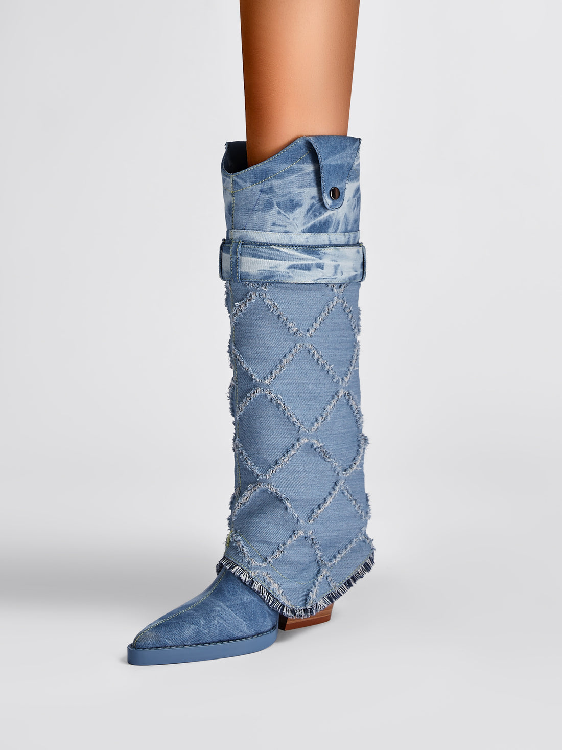 Denim Blue Knee-High Heeled Pointed Toe Fold Over Cowgirl Boots