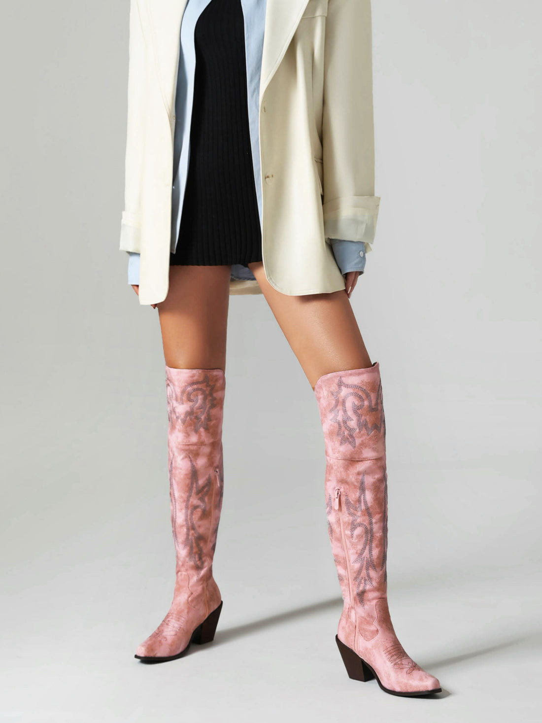 Distressed Embroidered Dusty Pink Over-The-Knee Cowgirl Boots