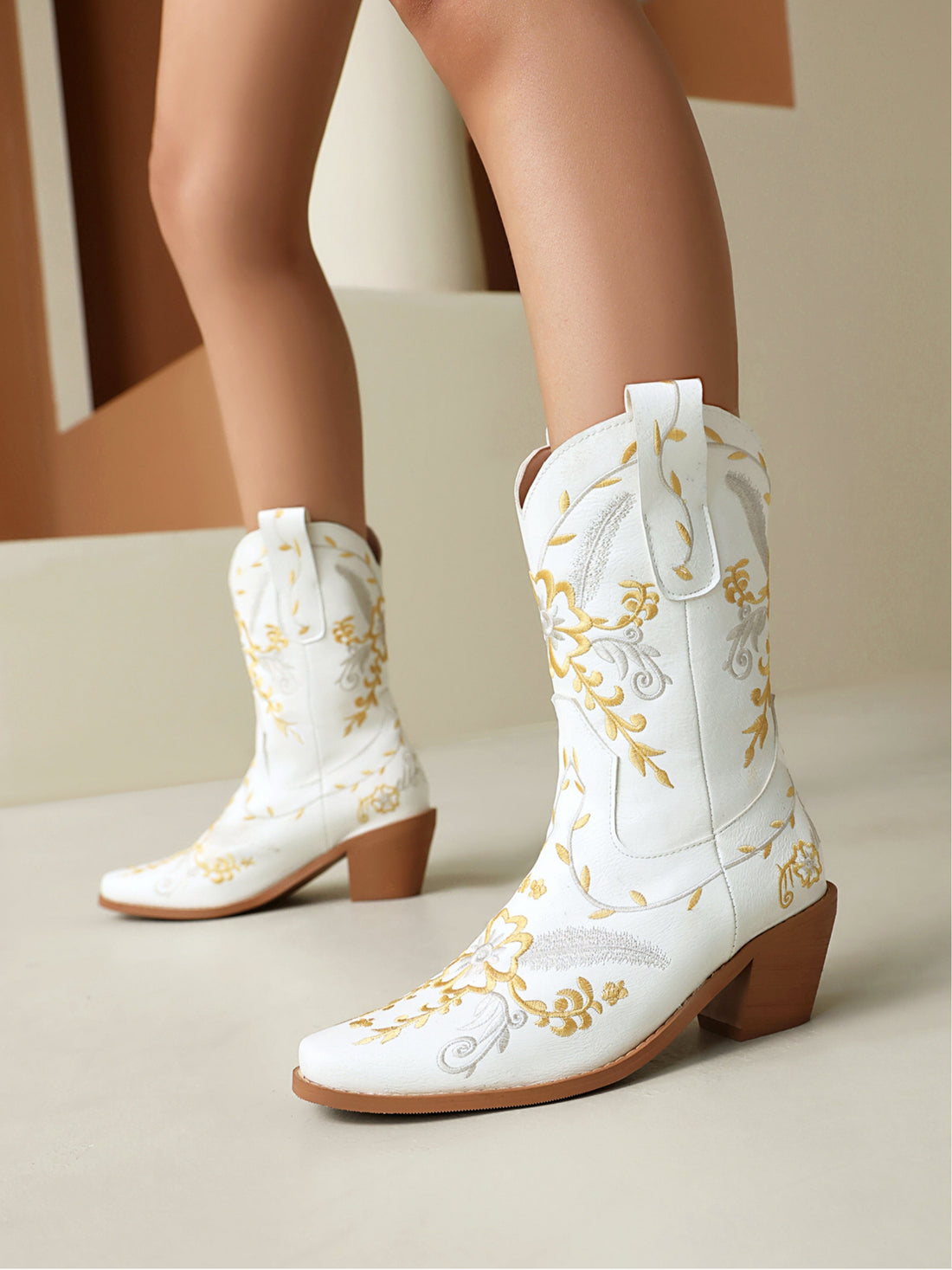 Garden Angel White Cowgirl Boots with Yellow Flowers