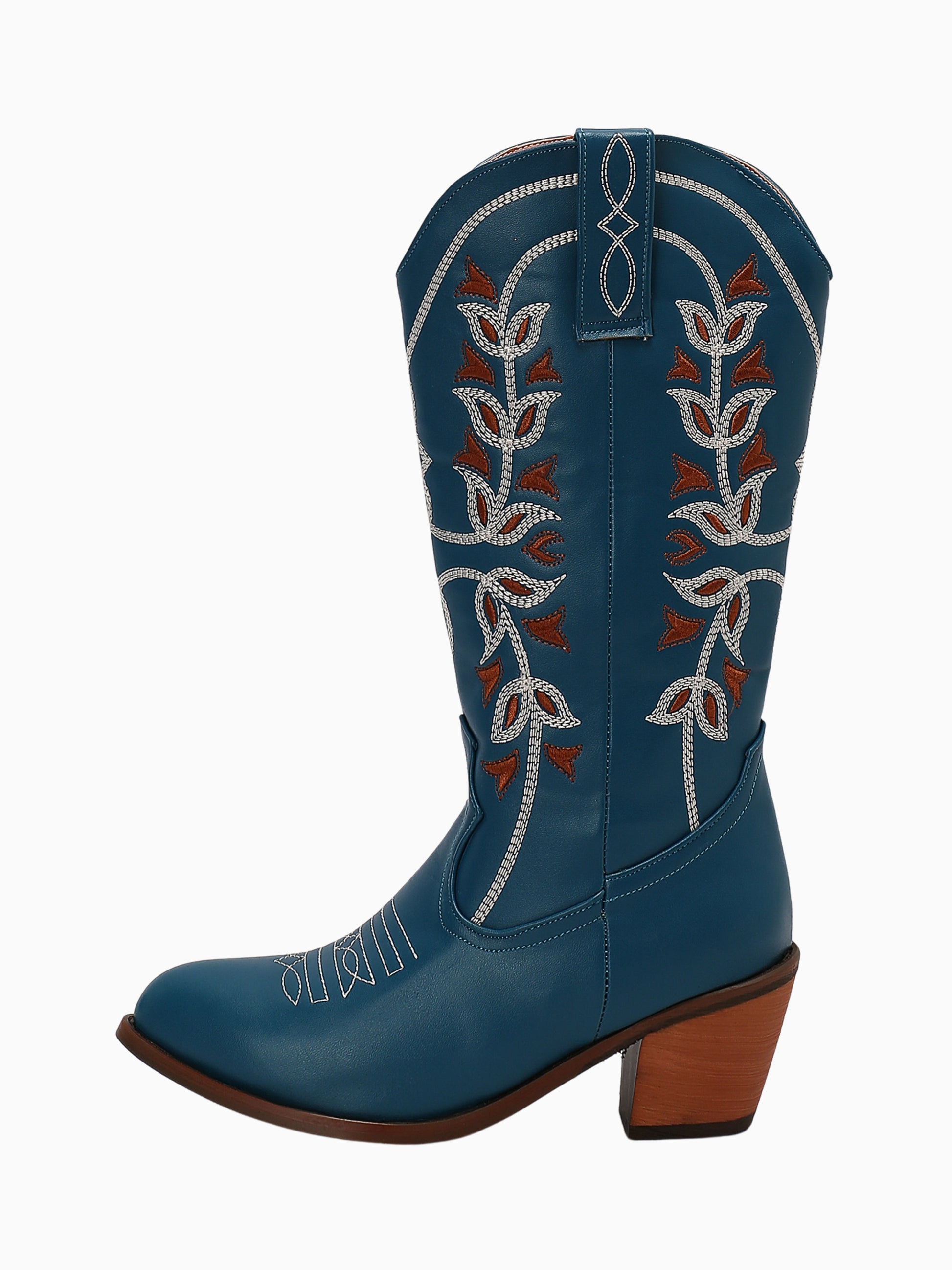 A blue cowgirl boot with elegant silver vine embroidery and coral accents, featuring a block heel and pointed toe.