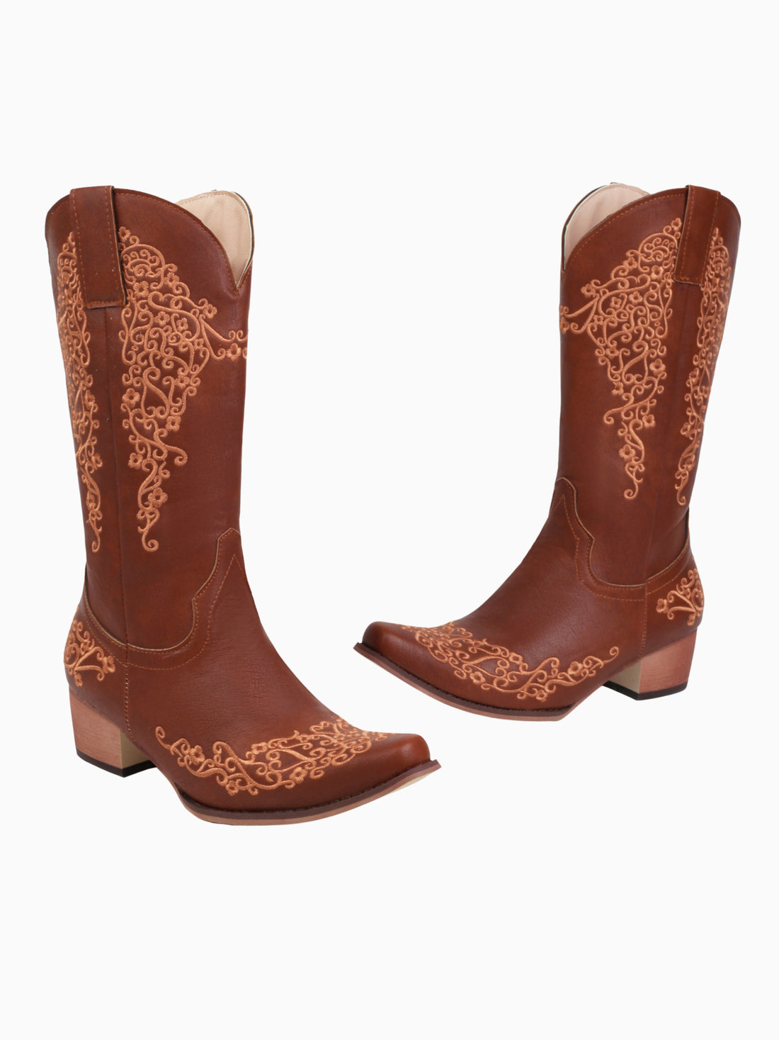 Fancy Swirl Mid Calf Brown Cowgirl Boots for Women