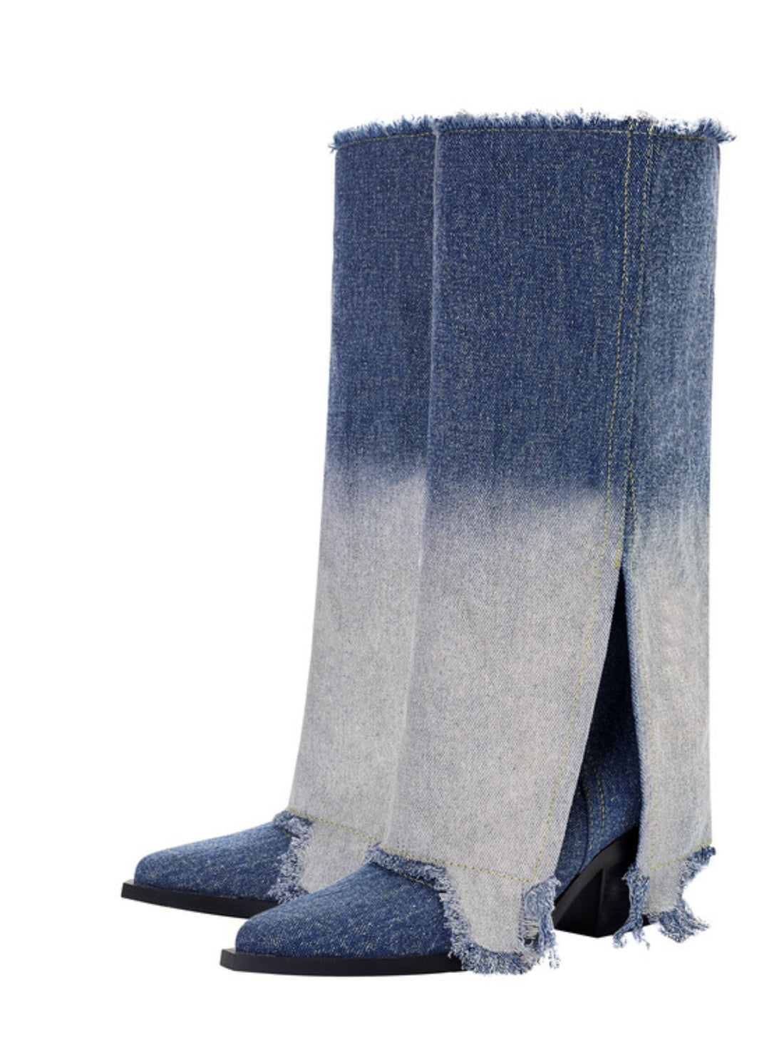 Fashion Knee-High Fold-Over Heeled Ombre Blue Denim Cowgirl Boots