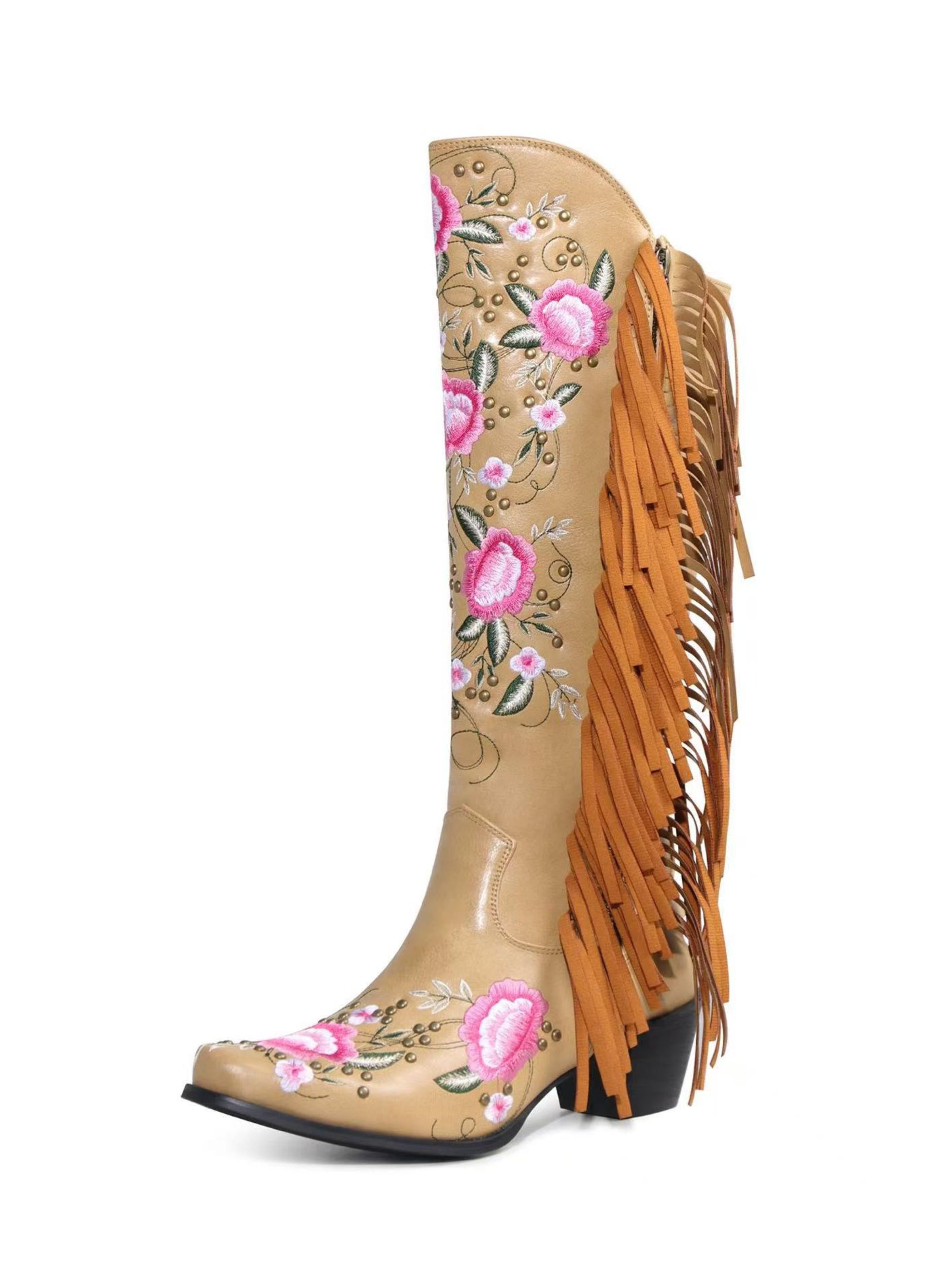 Flower Studded Knee-High Tan Western Boots with Ruffles