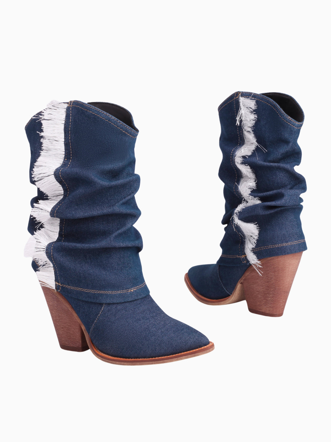 Pointed Toe Heeled Denim Blue Slouch Cowgirl Boots with Ruffles