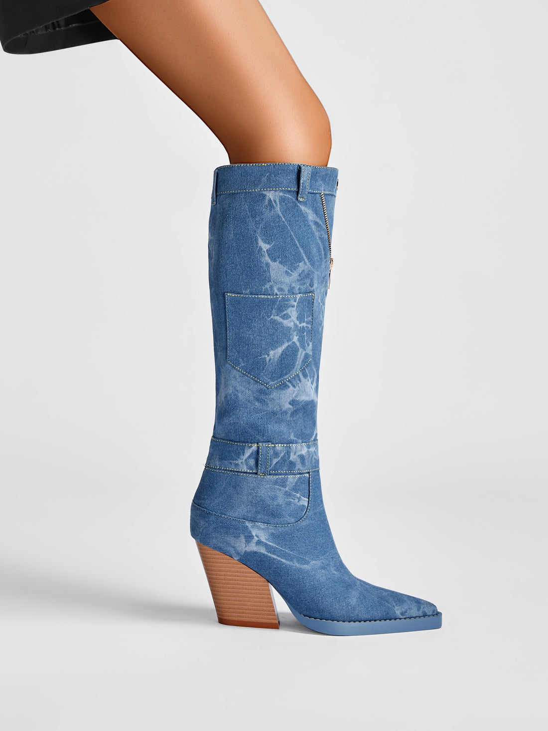 Marble Zip Jean High Heeled Pointed Toe Blue Cowgirl Boots