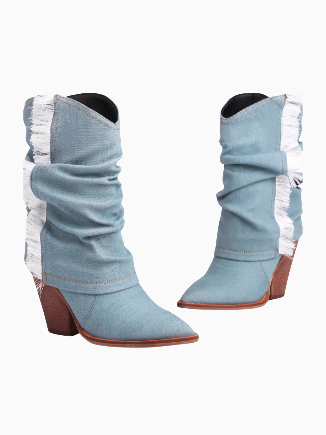Retro Fringe Fold Over Light Blue Slouch Cowgirl Boots Pointed Toe