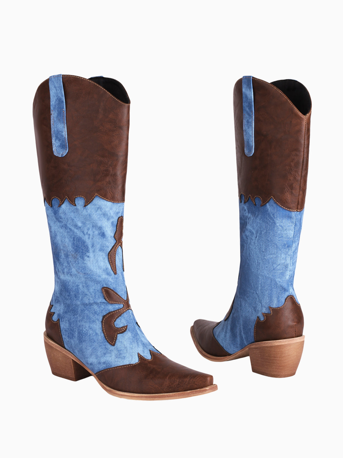 Retro Two-tone Denim Knee High Cowgirl Boots