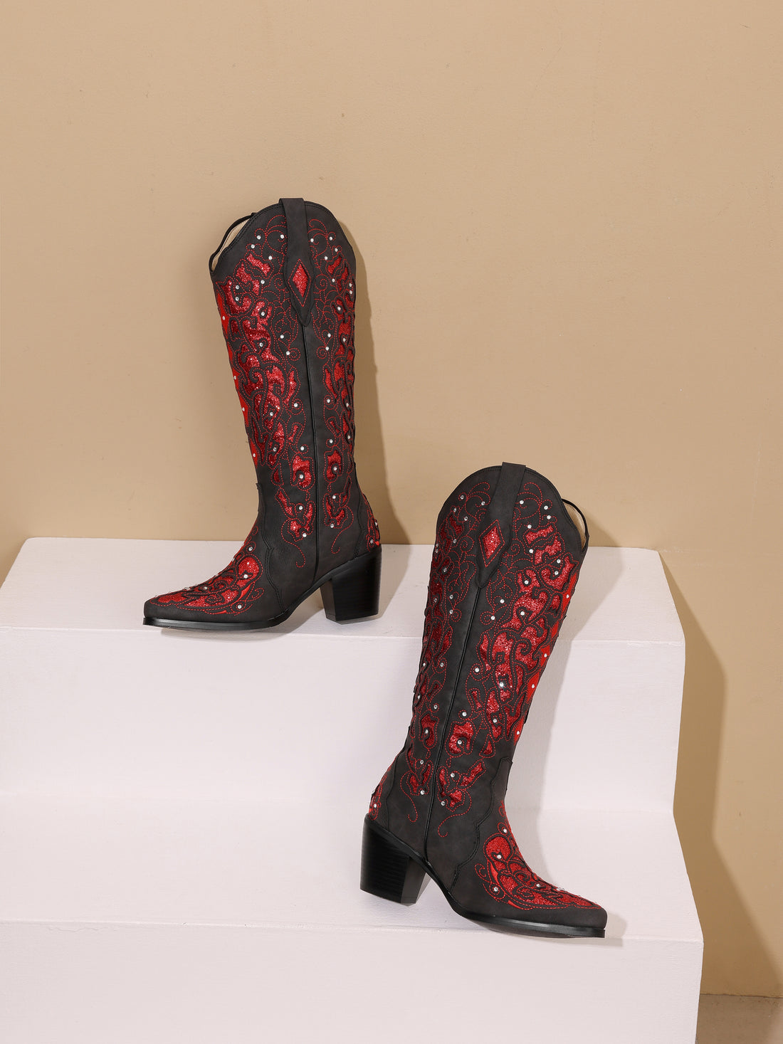 Ruby Glitter Studded Red & Black Cowgirl Boots Mid Calf