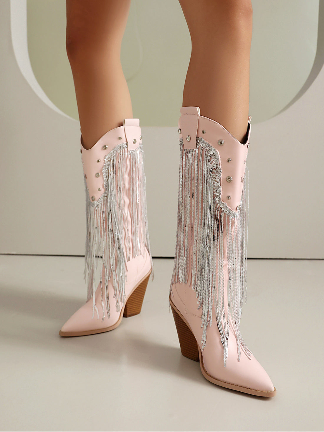 Silver Fringe & Rhinestone Mid-Calf Pink Cowgirl Boots