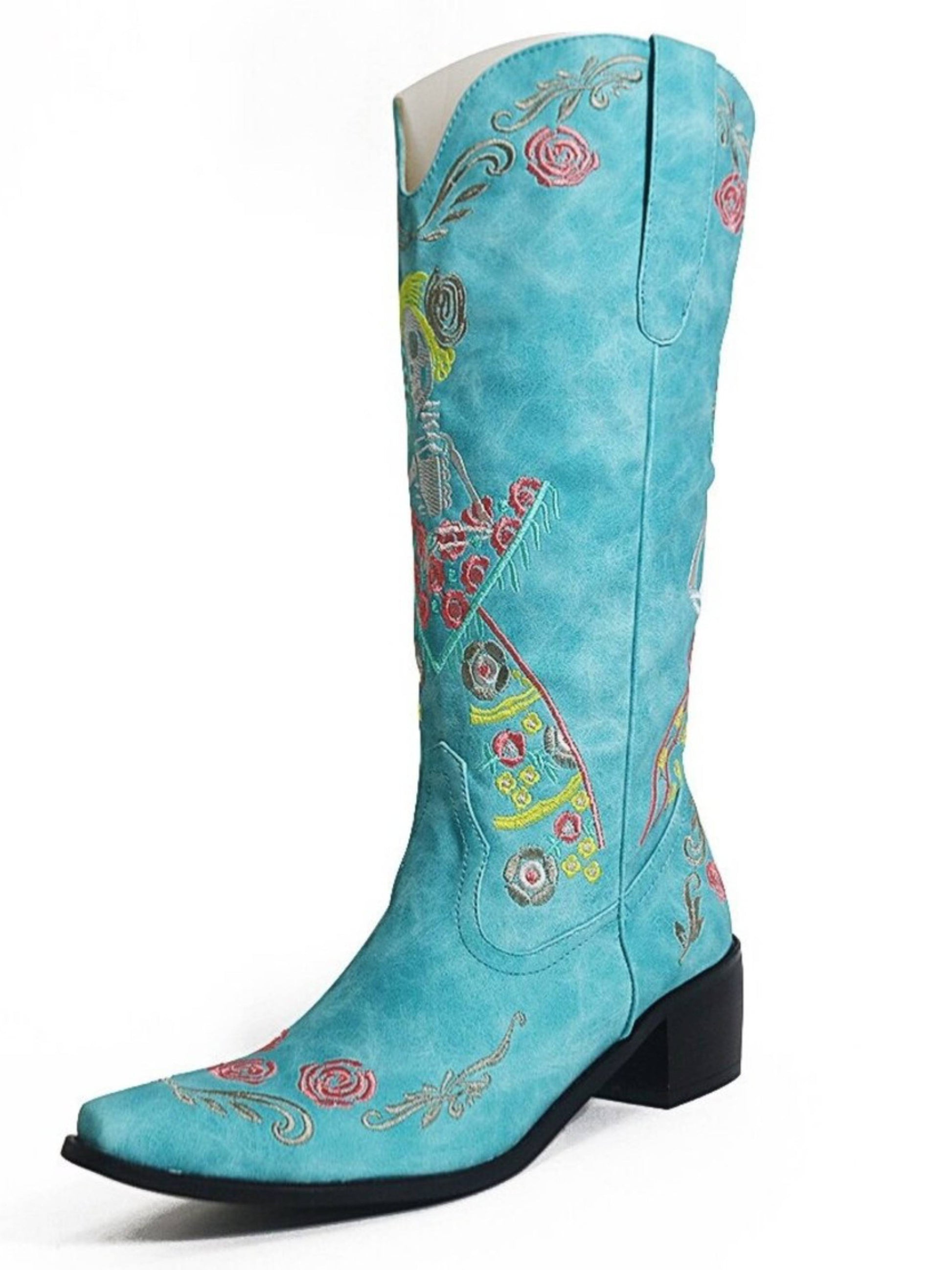 blue mid-calf cowgirl boots with multicolor skeleton embroidery, featuring a snip toe and block heel.