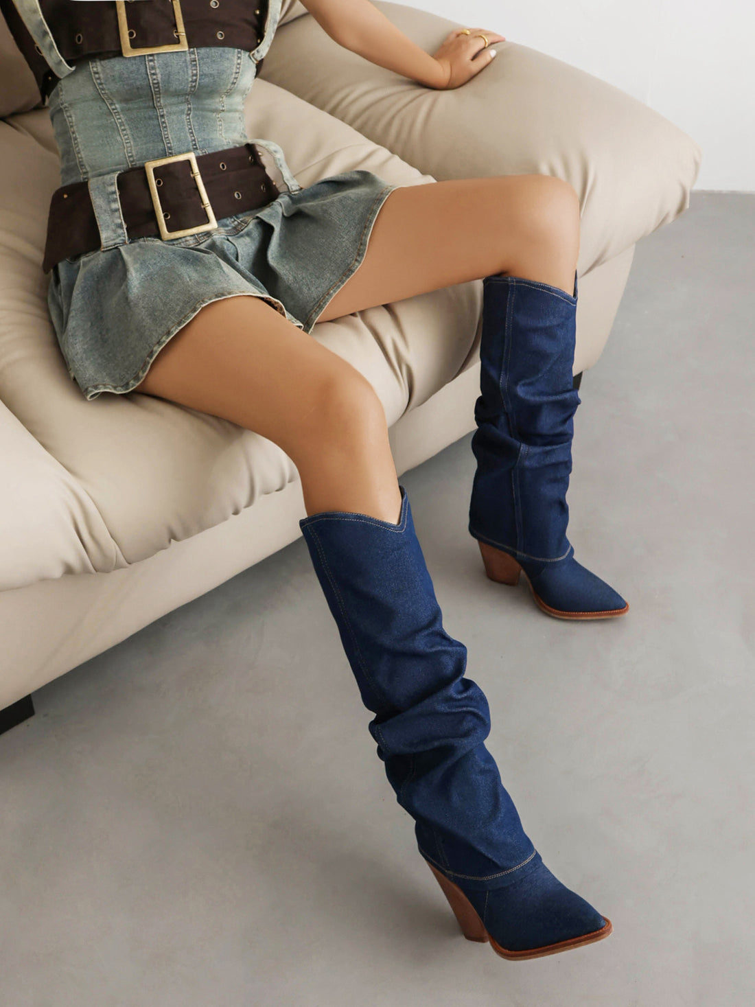 Blue Knee-High Heeled Sleek Slouchy Denim Cowgirl Boots