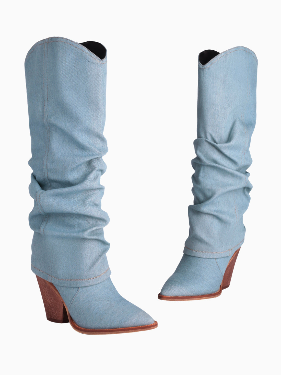 Denim Light Blue Knee-High Slouch Cowgirl Boots Pointed Toe