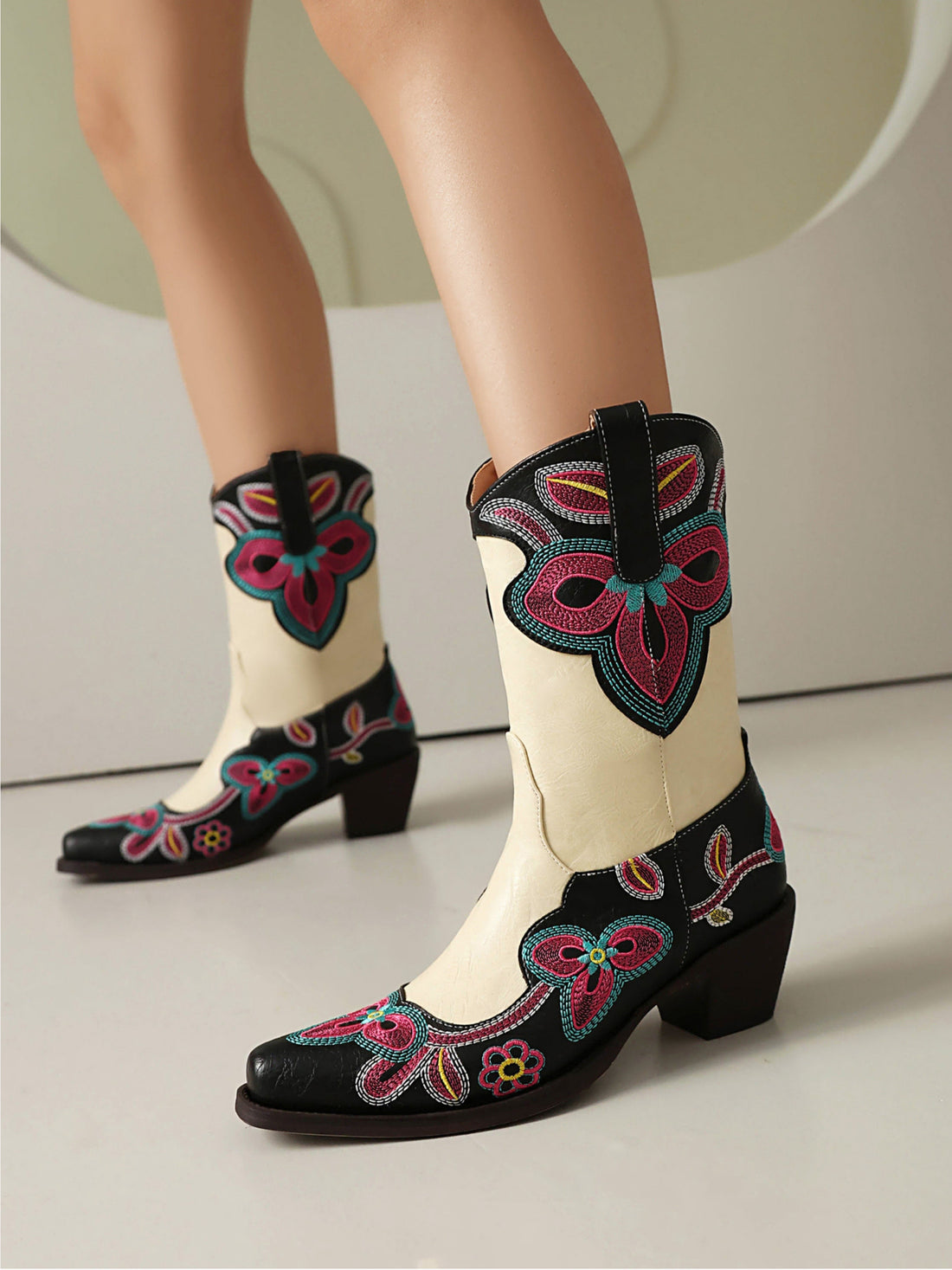 Black & Cream Vibrant Floral Embroidered Cowgirl Boots