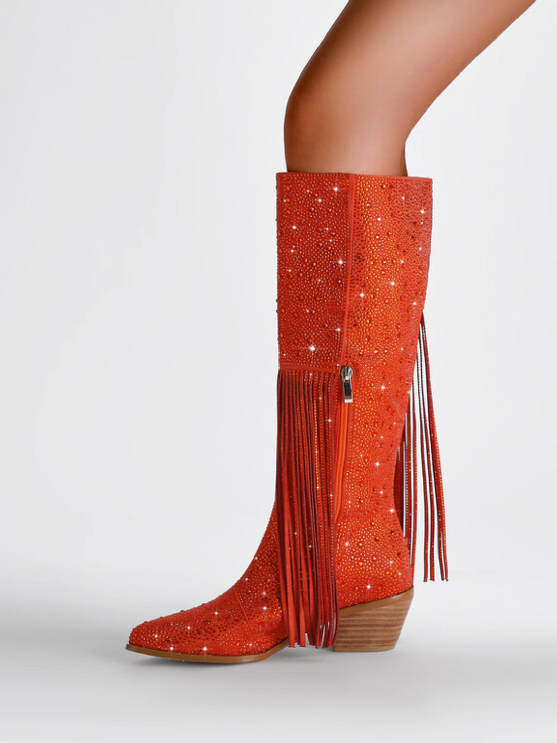 Vibrant Orange Rhinestone Knee High Fringe Cowgirl Boots