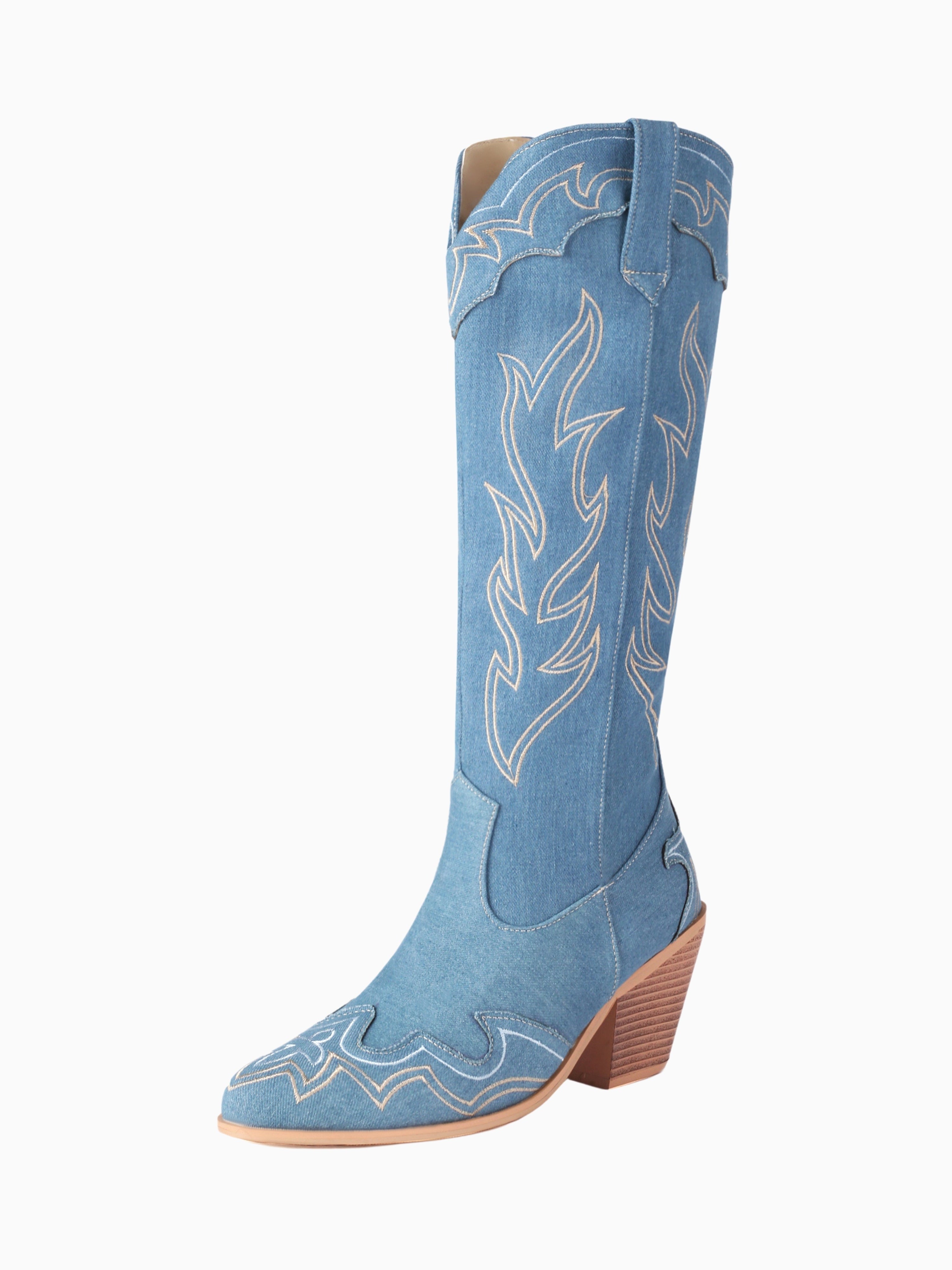 Denim Blue Knee-High Heeled Western Cowgirl Boots for Women – Wild