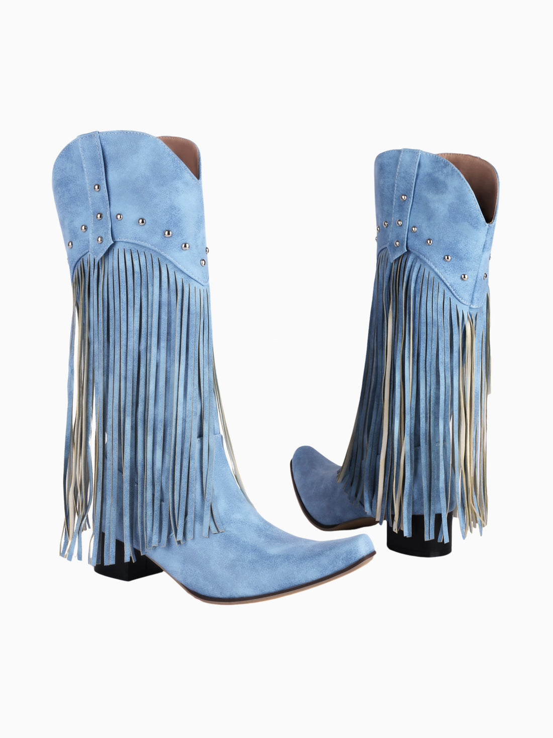 Western Sky Blue Studded Flow Fringe Cowgirl Boots