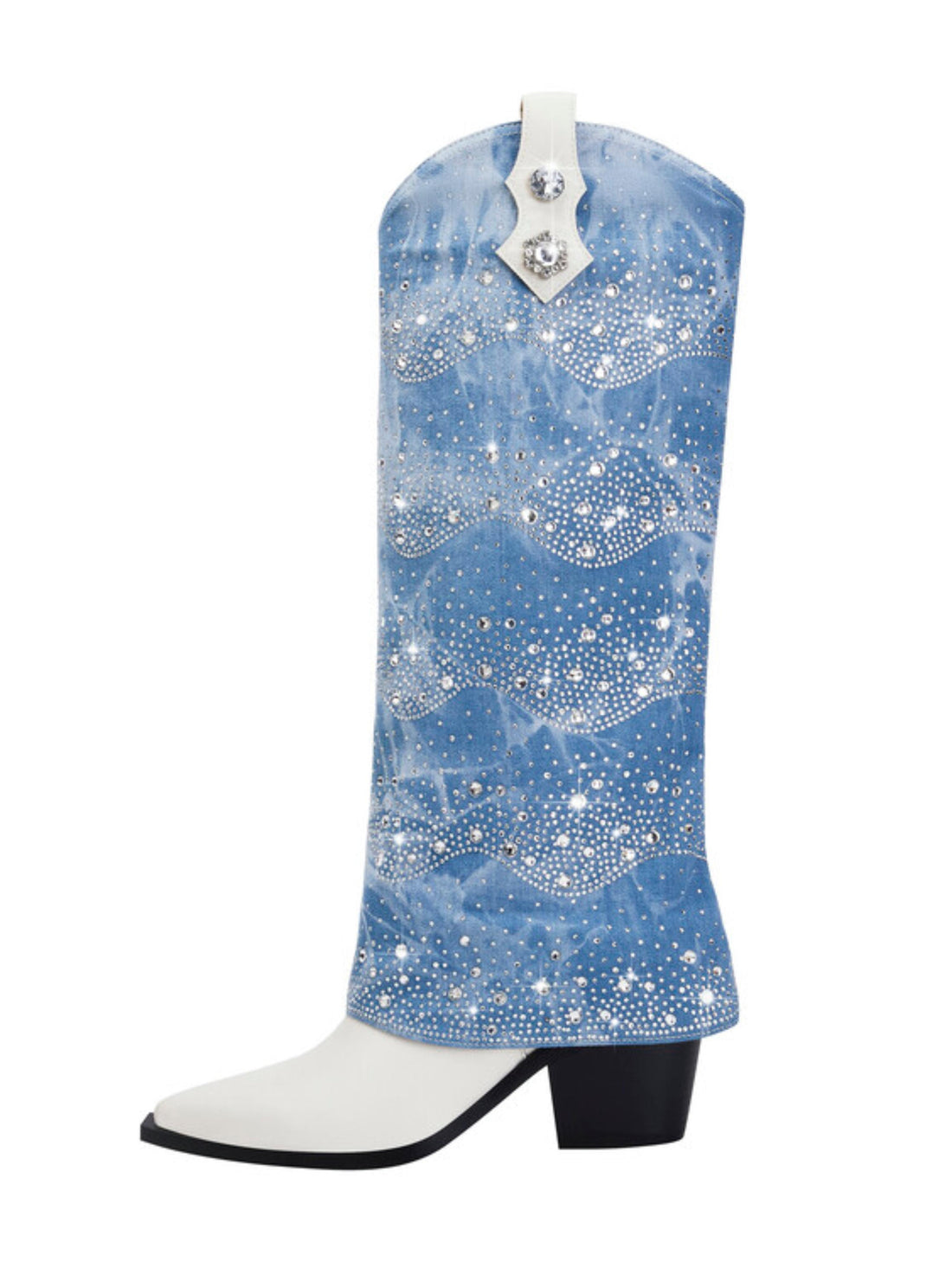 Shining White & Blue Fold Over Rhinestone Pointed Toe Western Boots