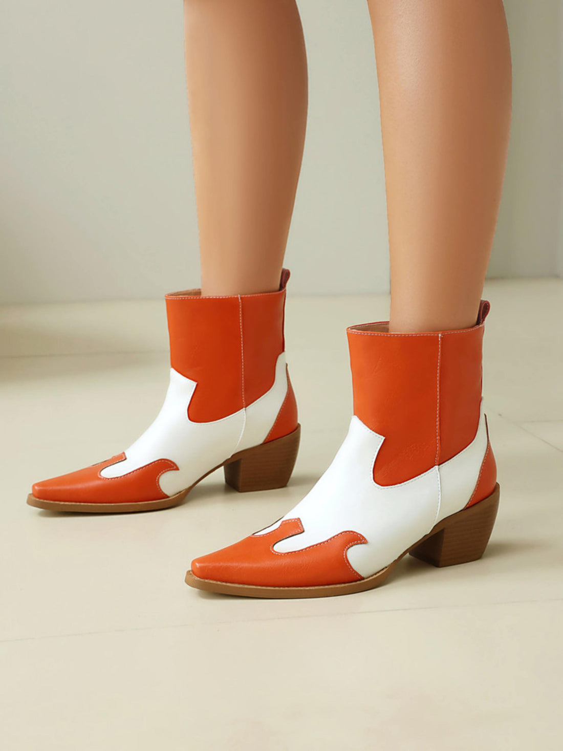 White and Orange Patchwork Snip Toe Cowgirl Booties