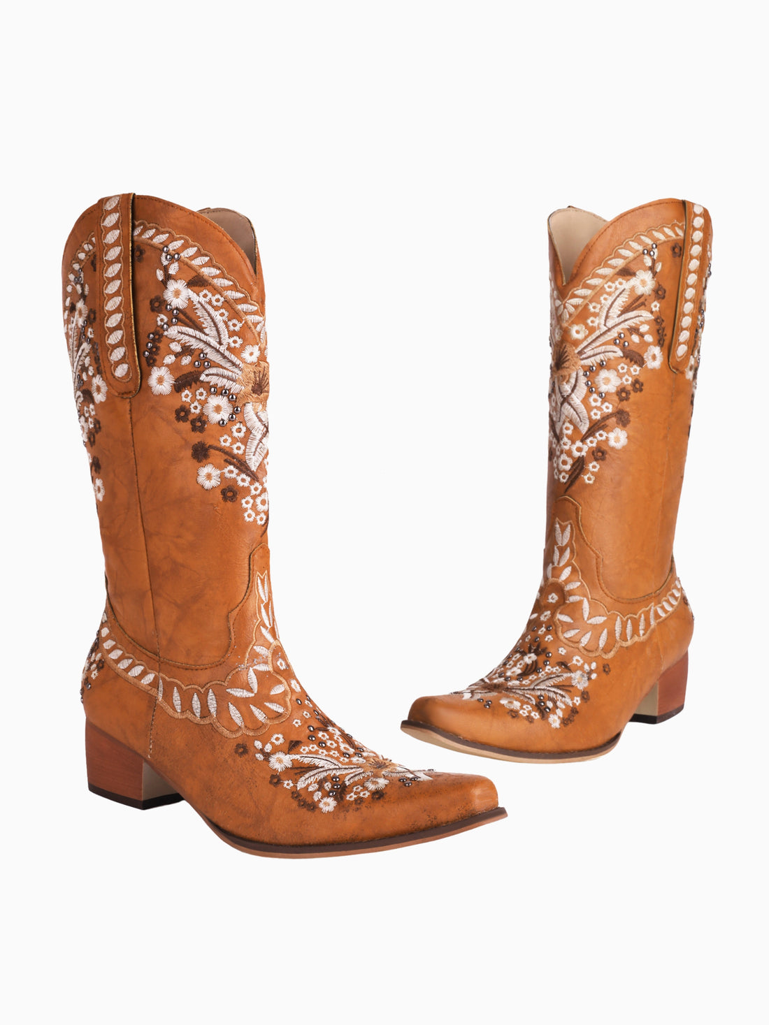 Wildflower Studded Brown Mid Calf Cowgirl Boots for Women