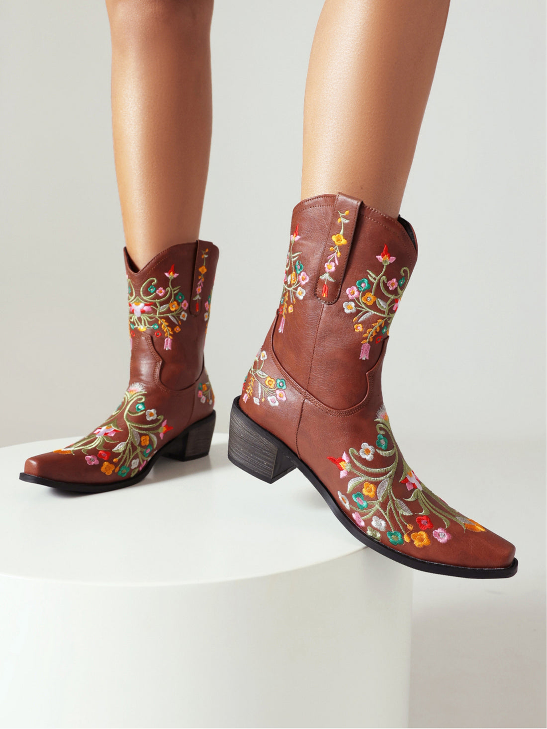 Artful Floral Embroidered Cowgirl Boots