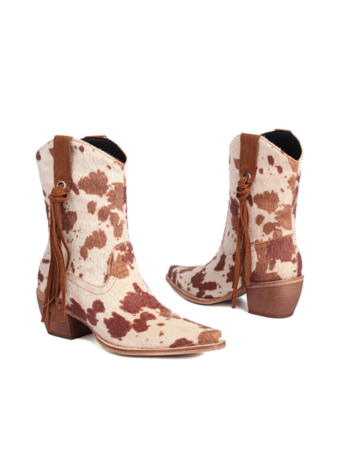 Beige Cow Pattern Snip Toe Fringe Ankle Cowgirl Boots