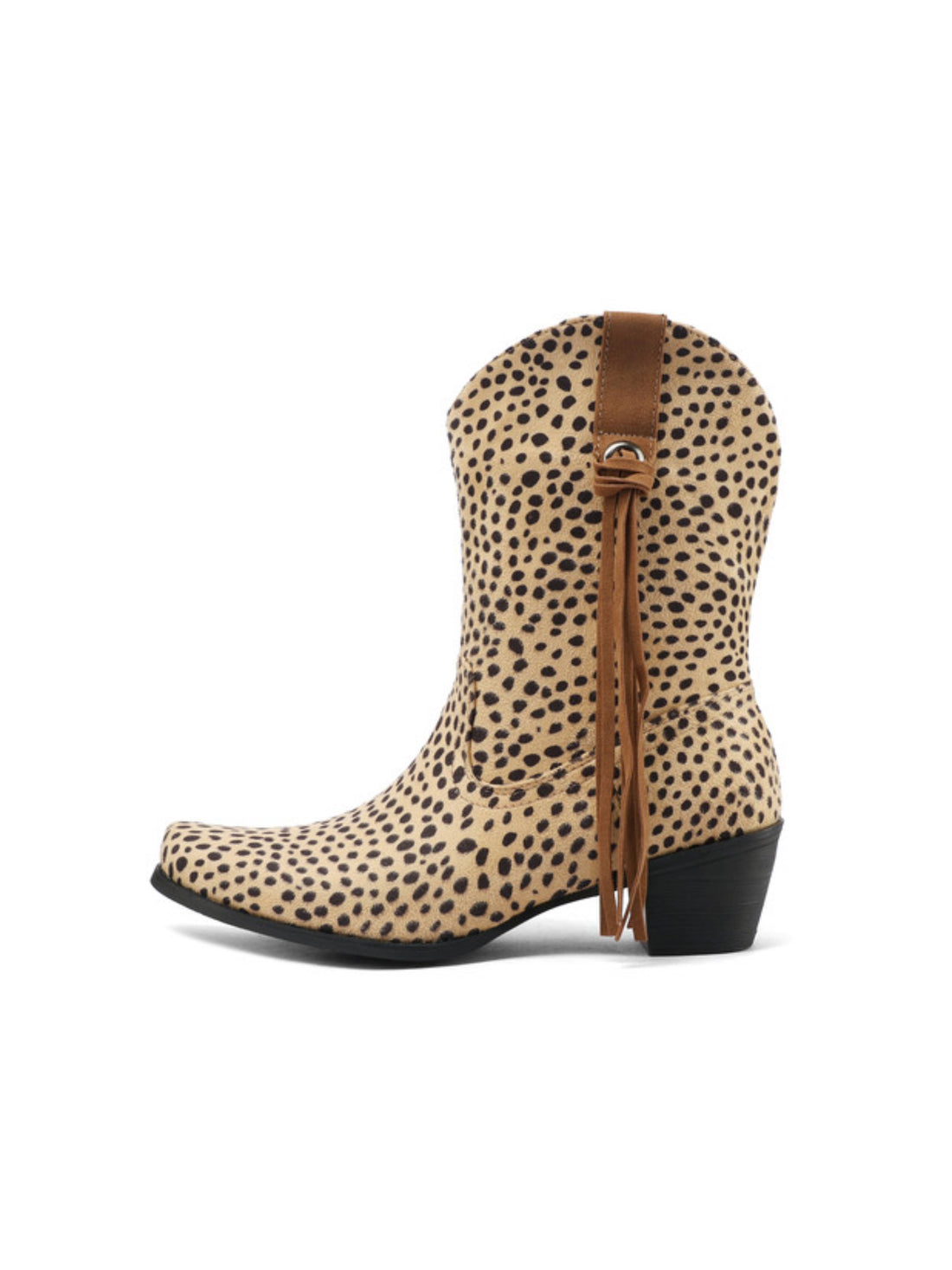 Beige Leopard Print Fringe Ankle Cowgirl Boots Snip Toe