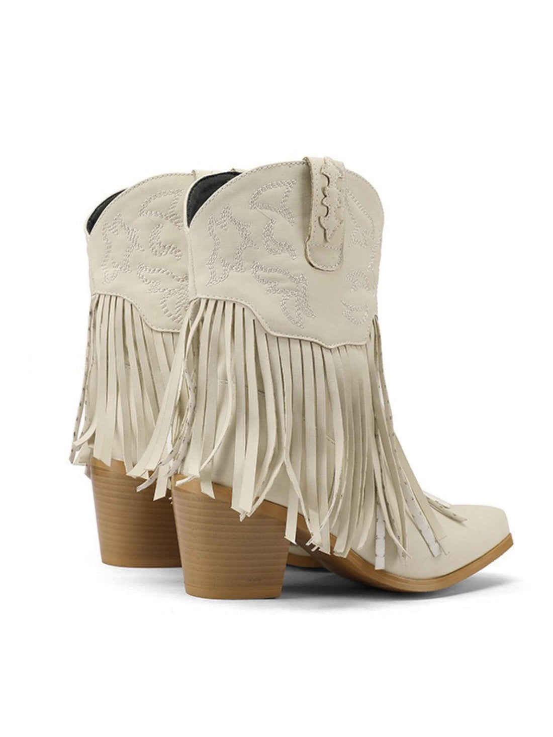 Beige Short Snip Toe Cowgirl Boots with Fringe
