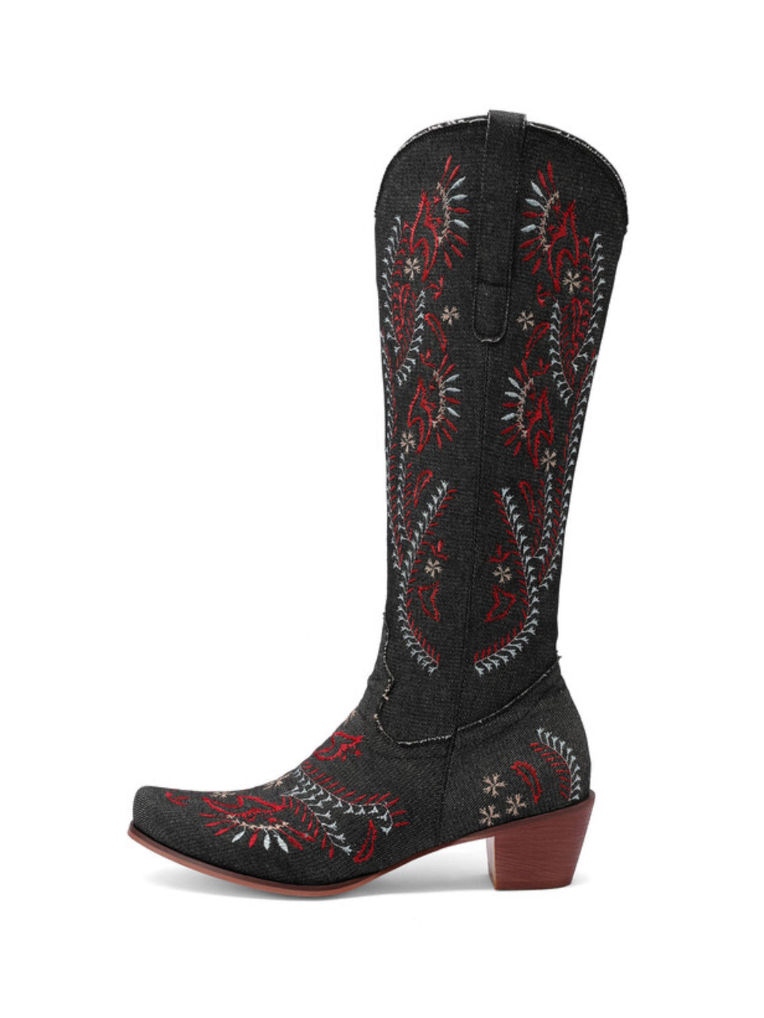 Black Denim Floral Embroidered Tall Cowgirl Boots Wide Calf