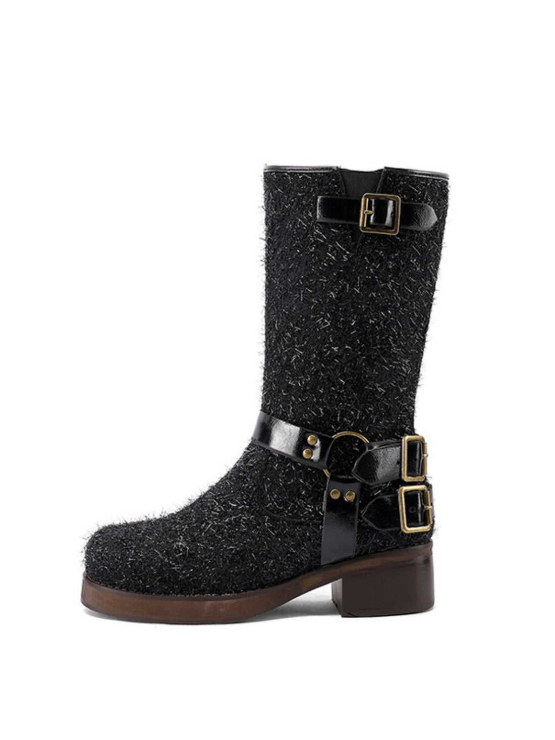 Fashion Black Furry Buckle Strap Mid Calf Riding Boots for Women