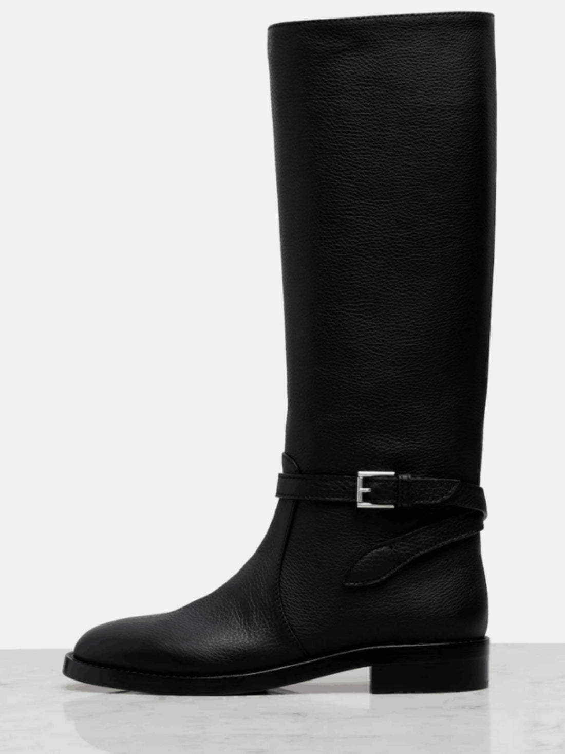 Black Knee-High Women's Leather Riding Boots with Buckle