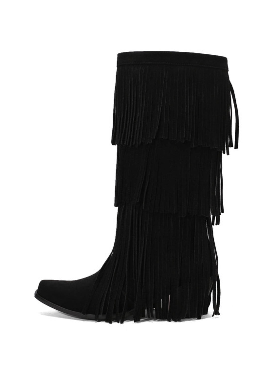 Black Mid Calf Layered Fringe Square Toe Western Boots Furry Inner