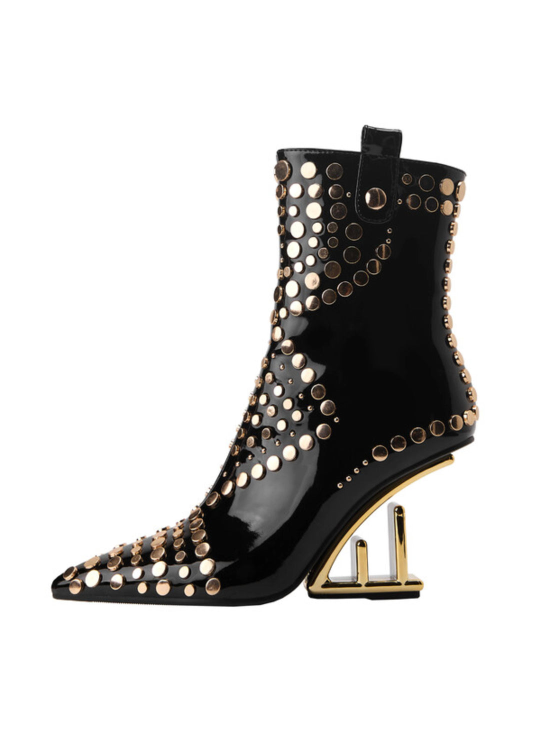 Black Patent Studded Wedge Sculptural Heel Ankle Boots with Zipper