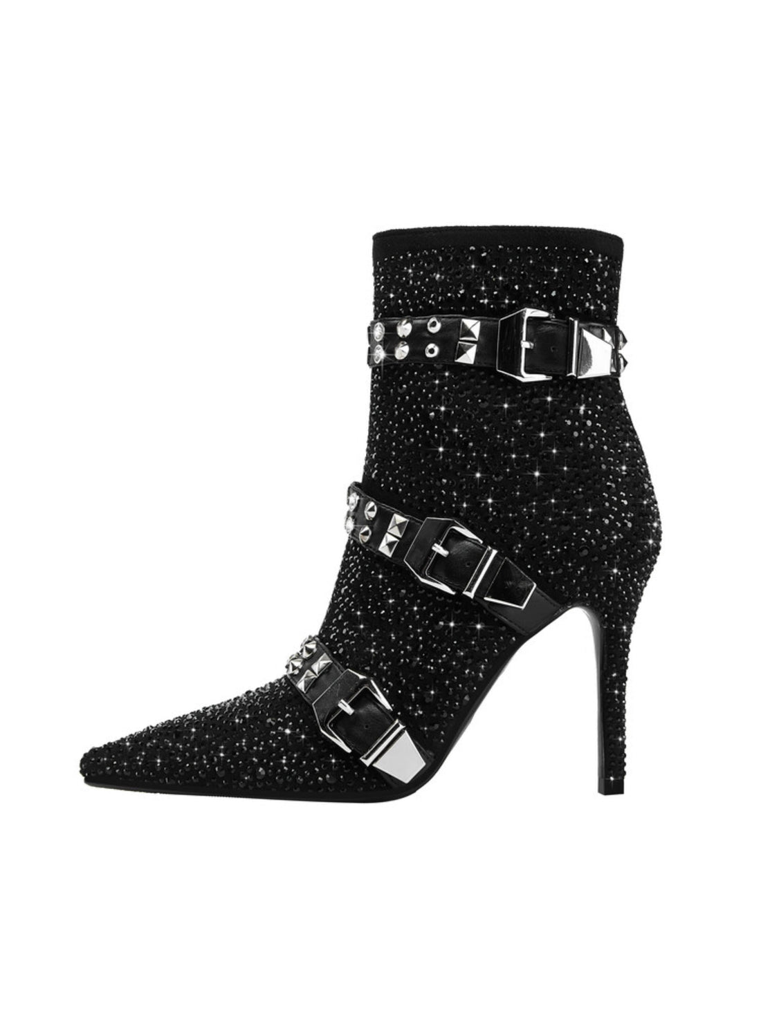 Black Rhinestone & Studded Stilettos Buckle Western Ankle Boots