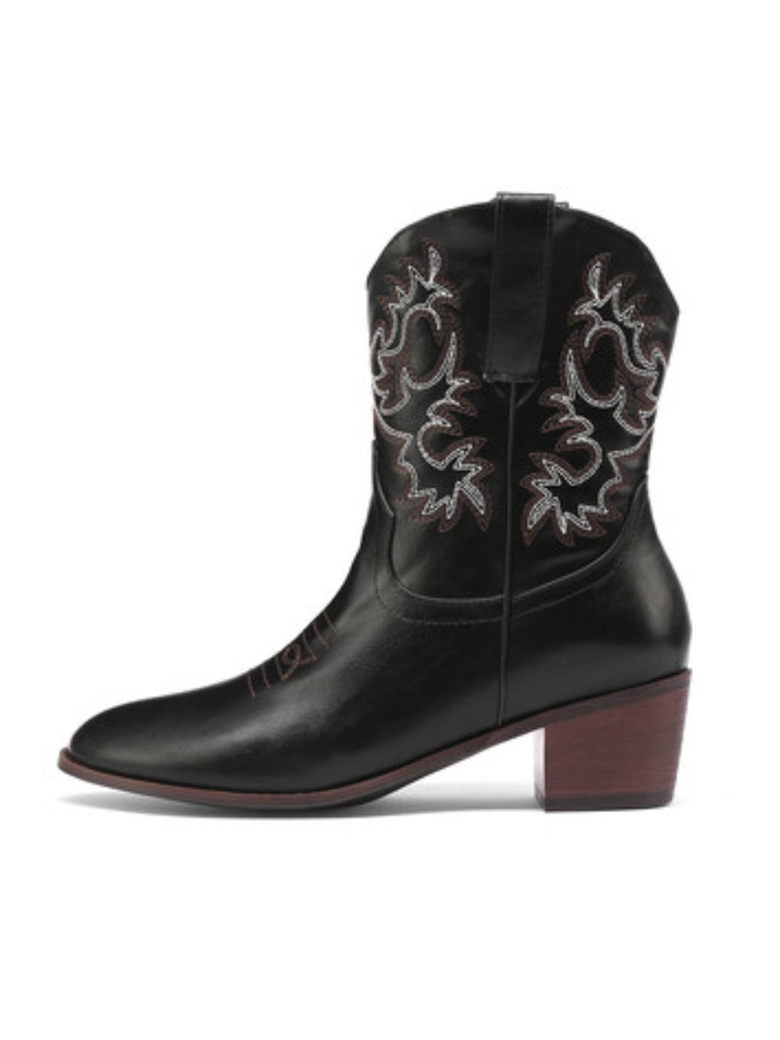 Women's Black Round Toe Embroidered Ankle Cowgirl Boots