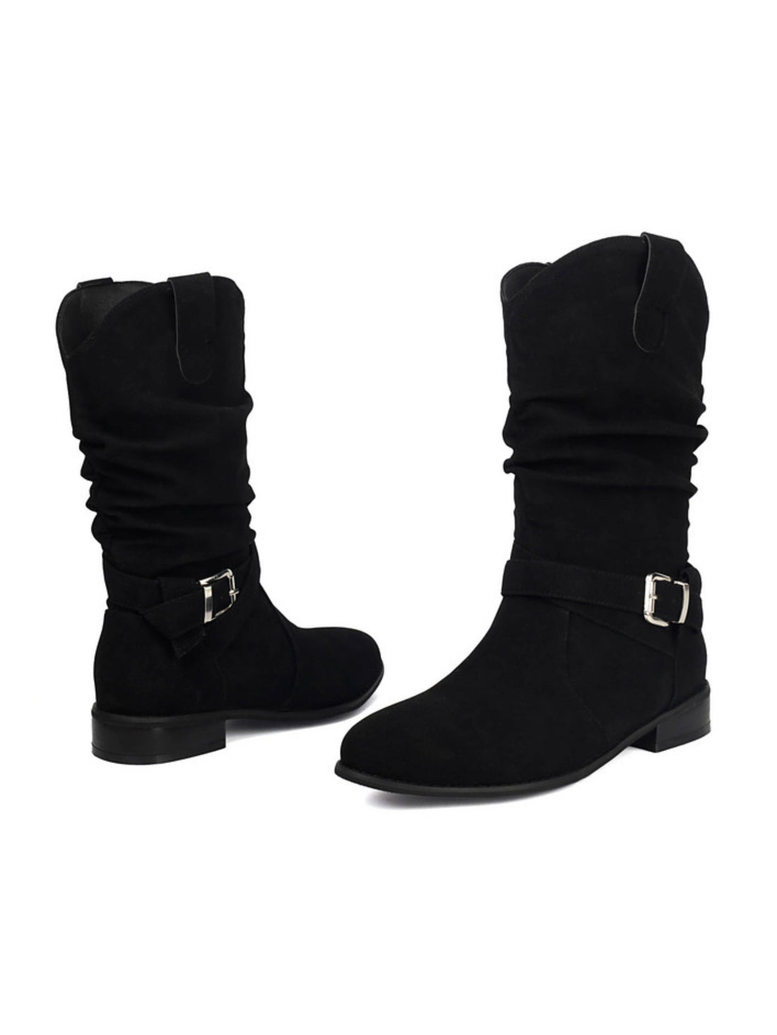 Black Flat Heel Slouchy Mid Calf Western Boots with Buckle Strap