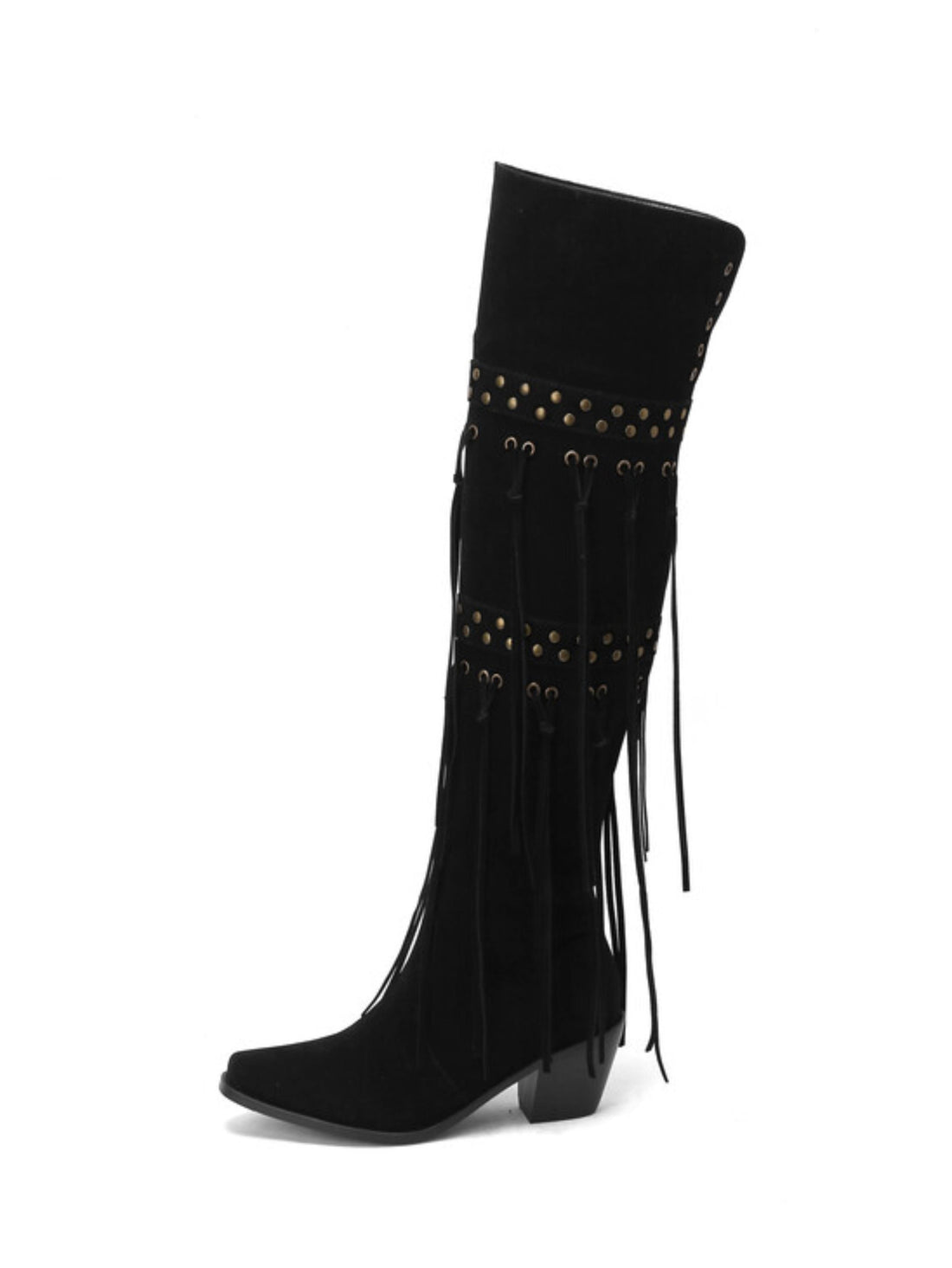 Black Studded & Fringe Cowgirl Plus Size Thigh High Boots
