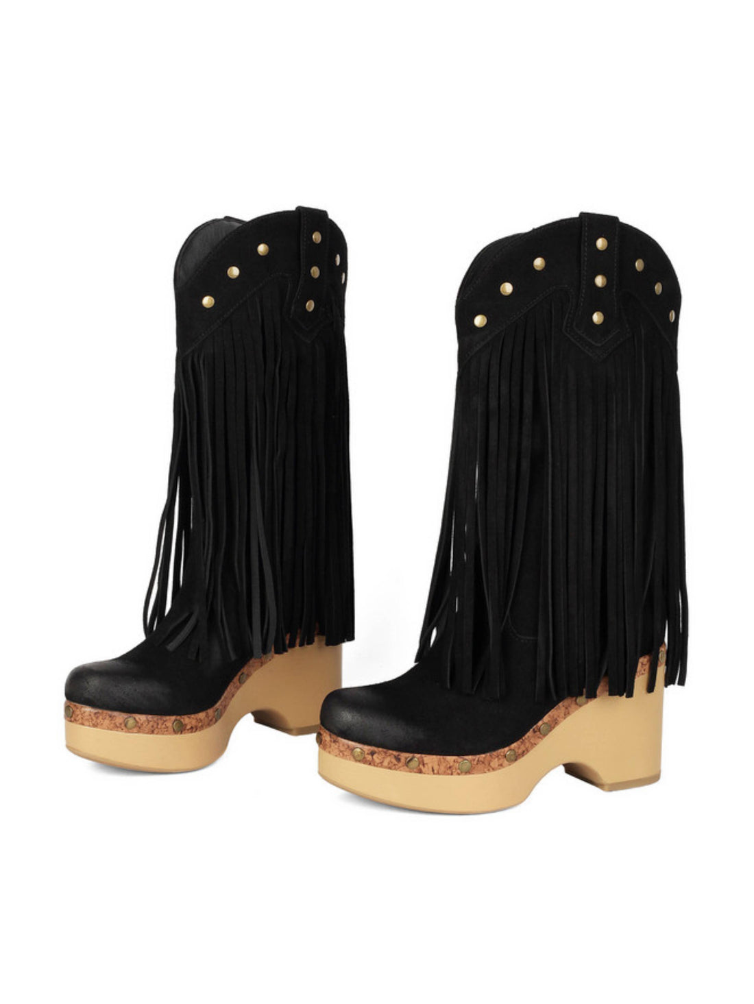 Black Studded Platform Heel Western Fringe Boots Mid Calf
