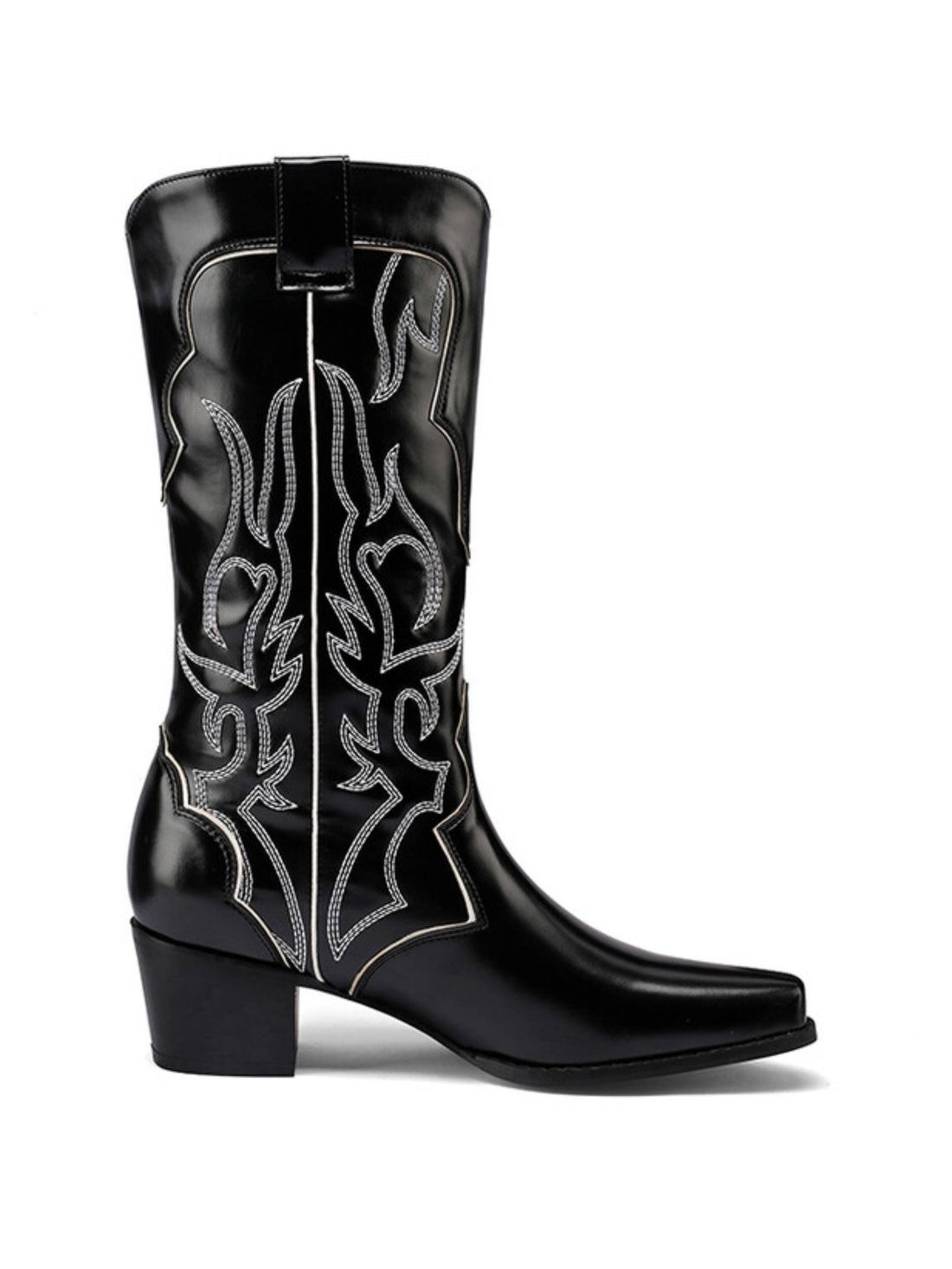 Black & White Flame Embroidered Cowgirl Boots Mid Calf