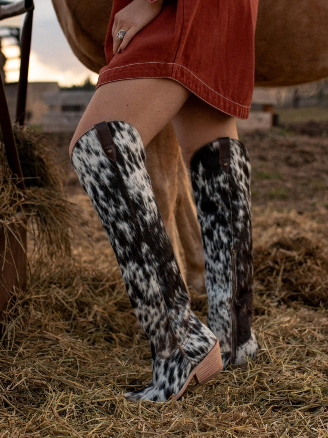 Black & White Fur Leopard Pattern Knee-High Snip Toe Cowgirl Boots