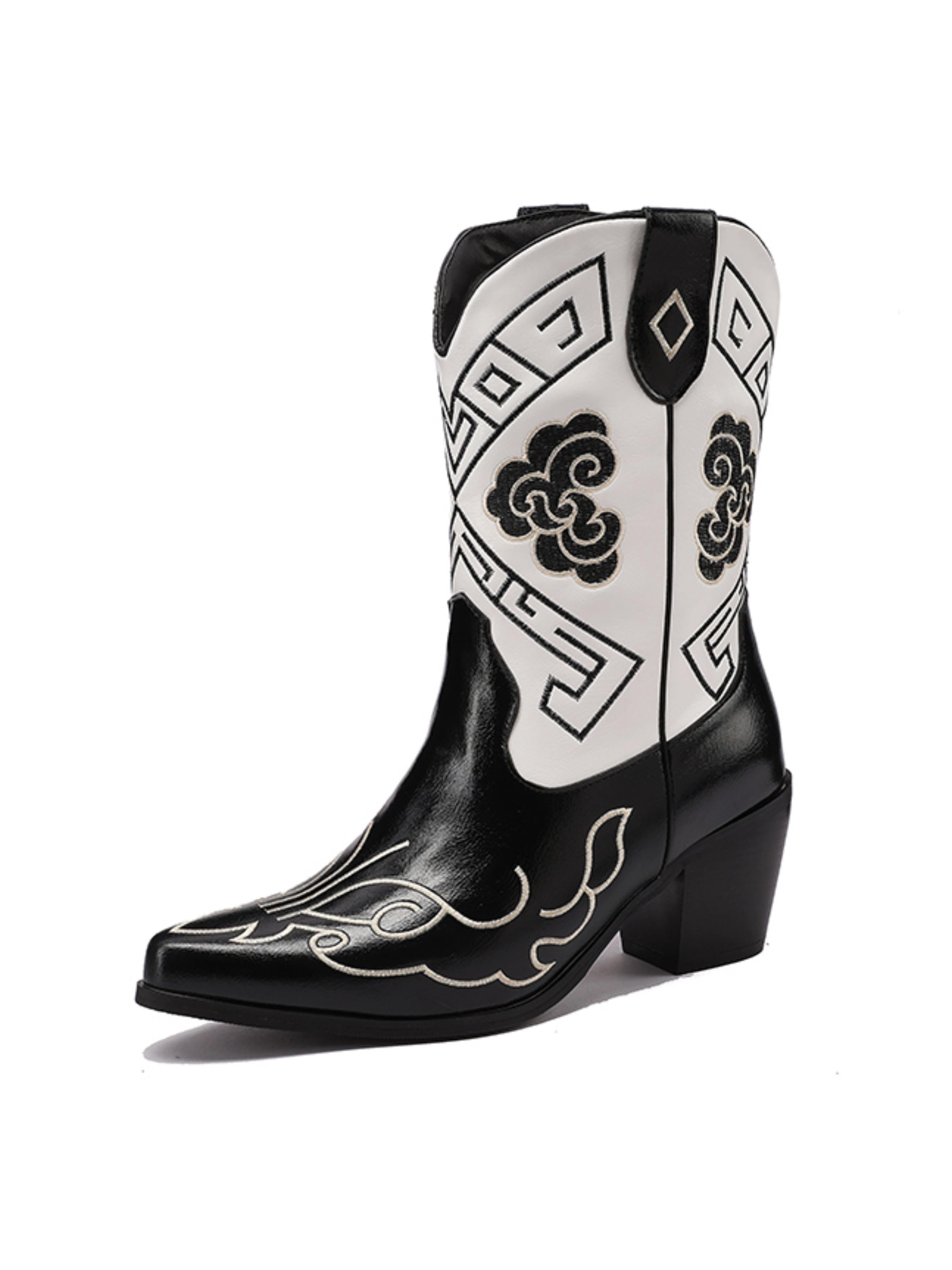 Black And White Floral Mid Calf Snip Toe Cowboy Boots For Women Wild black-and-white-floral-mid-calf-snip-toe-cowboy-boots-for-women-wild