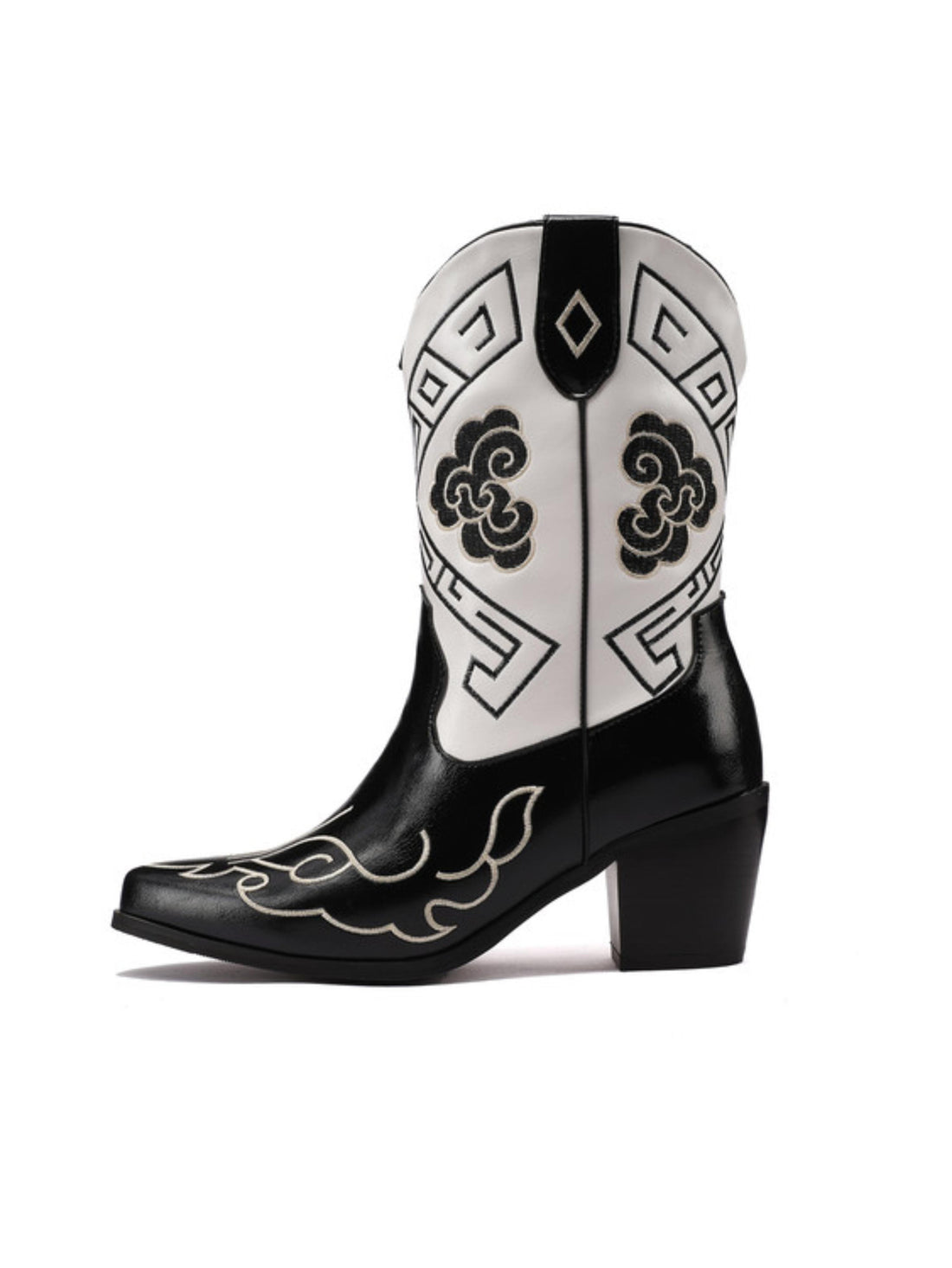 Black and White Floral Mid Calf Snip Toe Cowboy Boots for Women