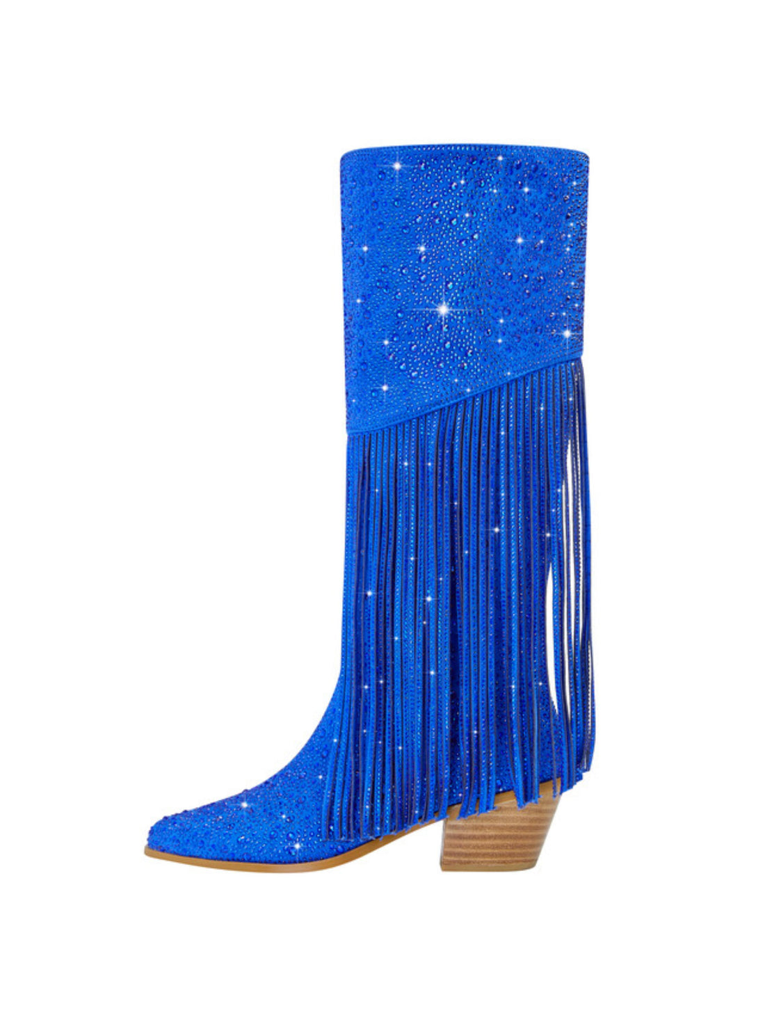 Blue Full Rhinestone Knee High Fringe Cowgirl Boots