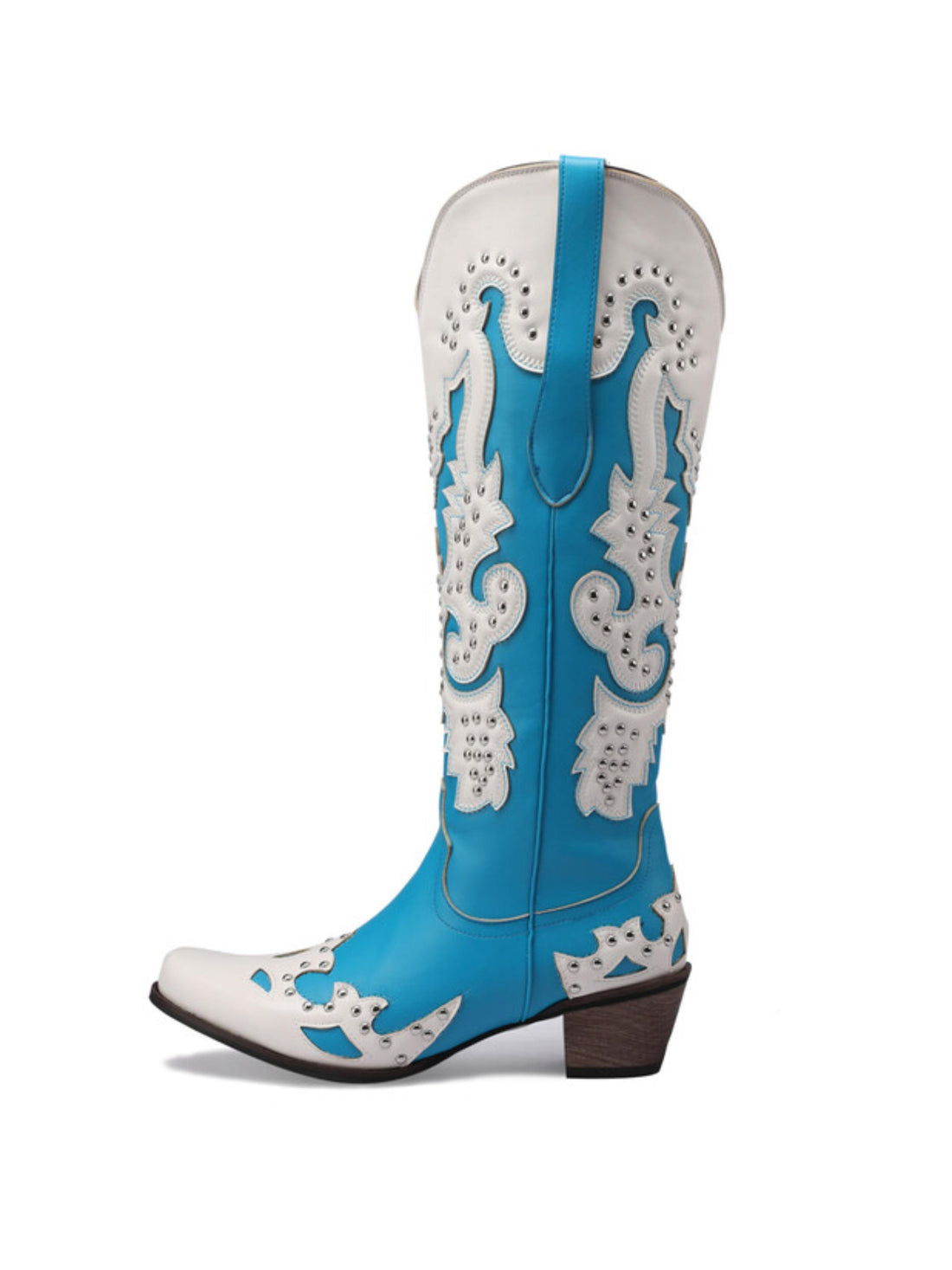 Blue & White Studded Patchwork Knee High Cowgirl Boots