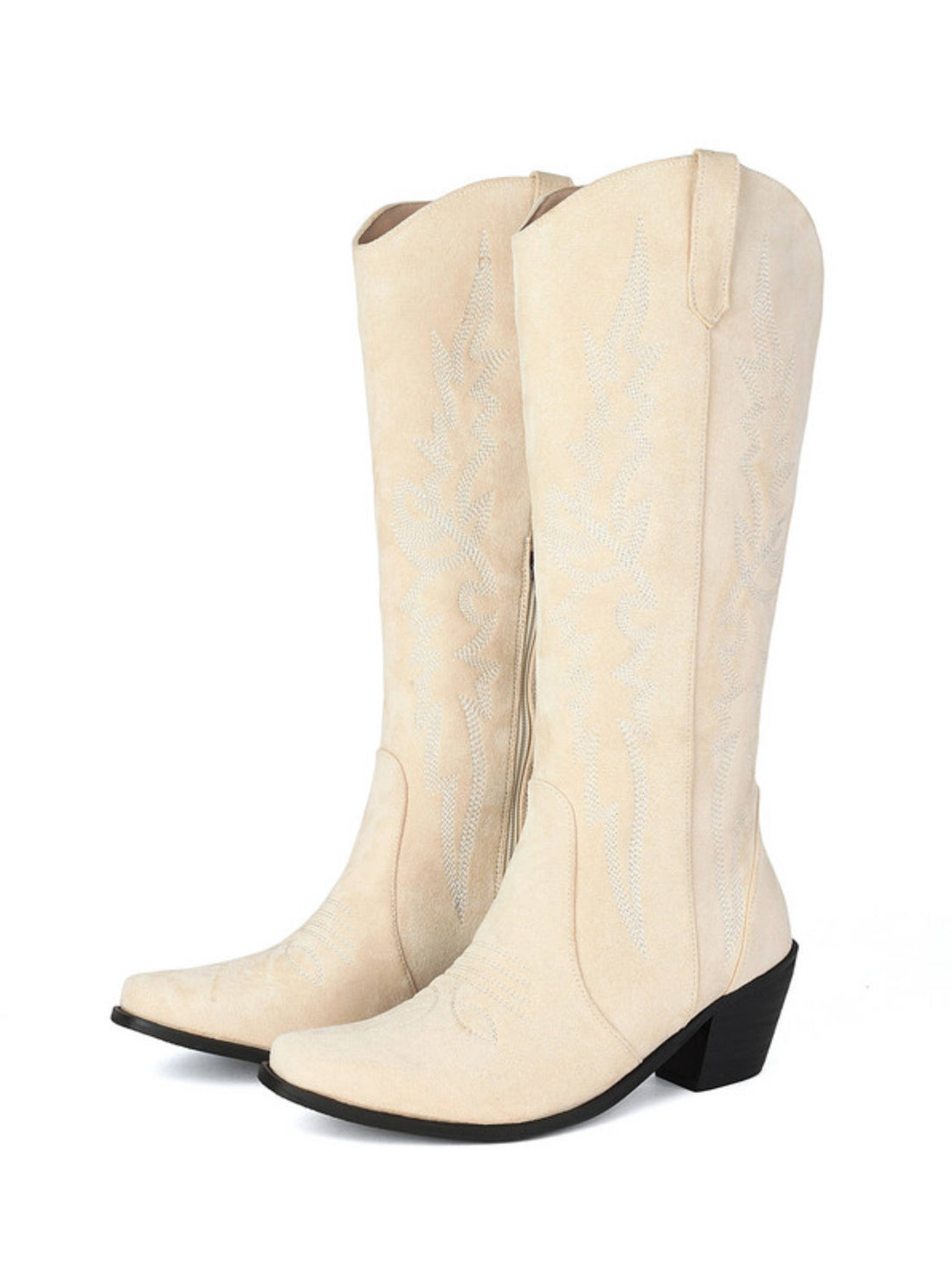 Boho Style Knee High Beige Embroidered Western Boots Women