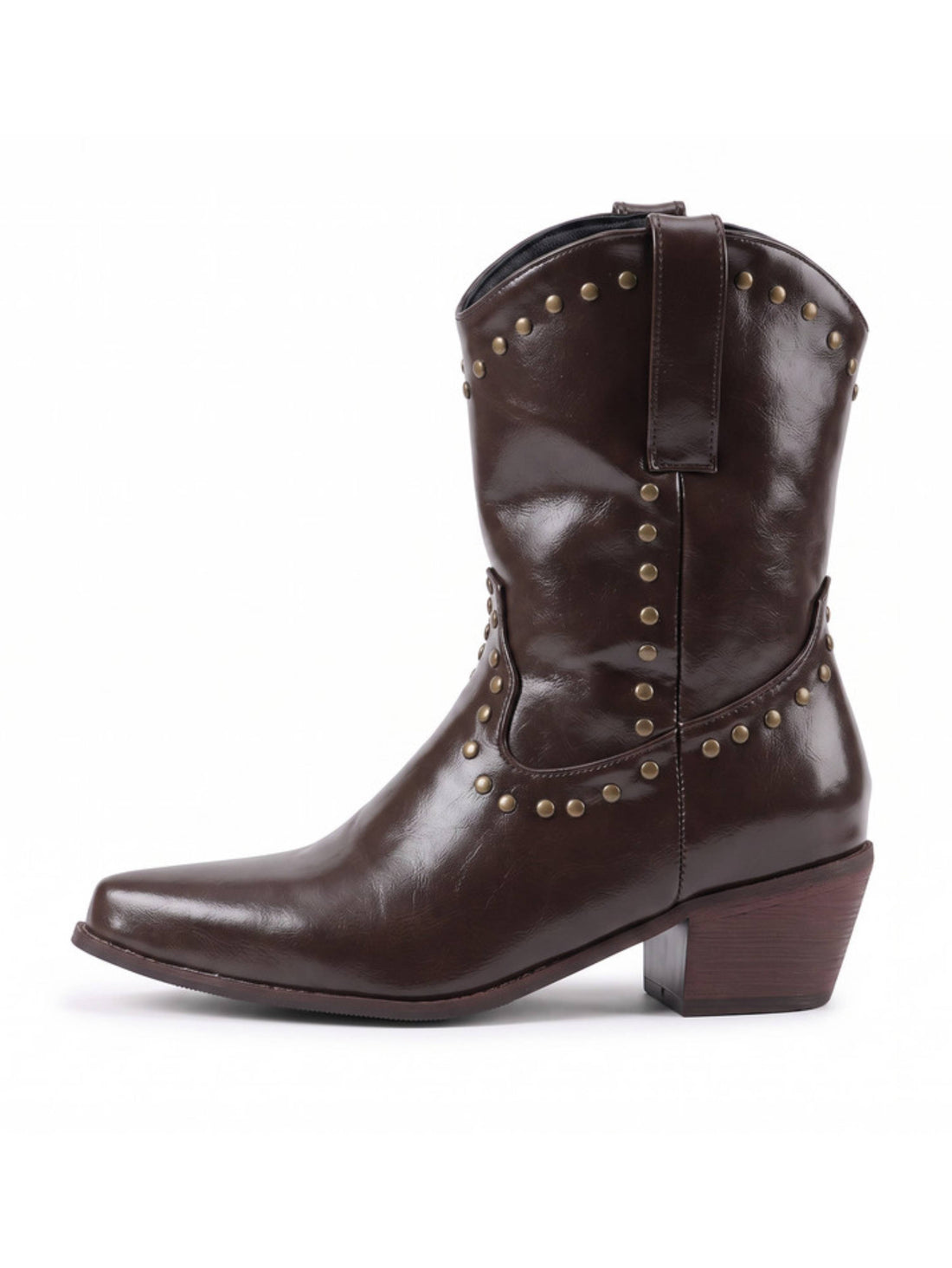 Brass Studded Dark Brown Stacked Heel Western Boots Women
