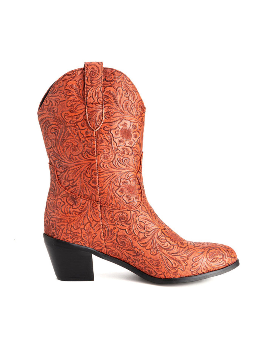 Bright Orange & Black Floral Embossed Plus Size Cowgirl Boots
